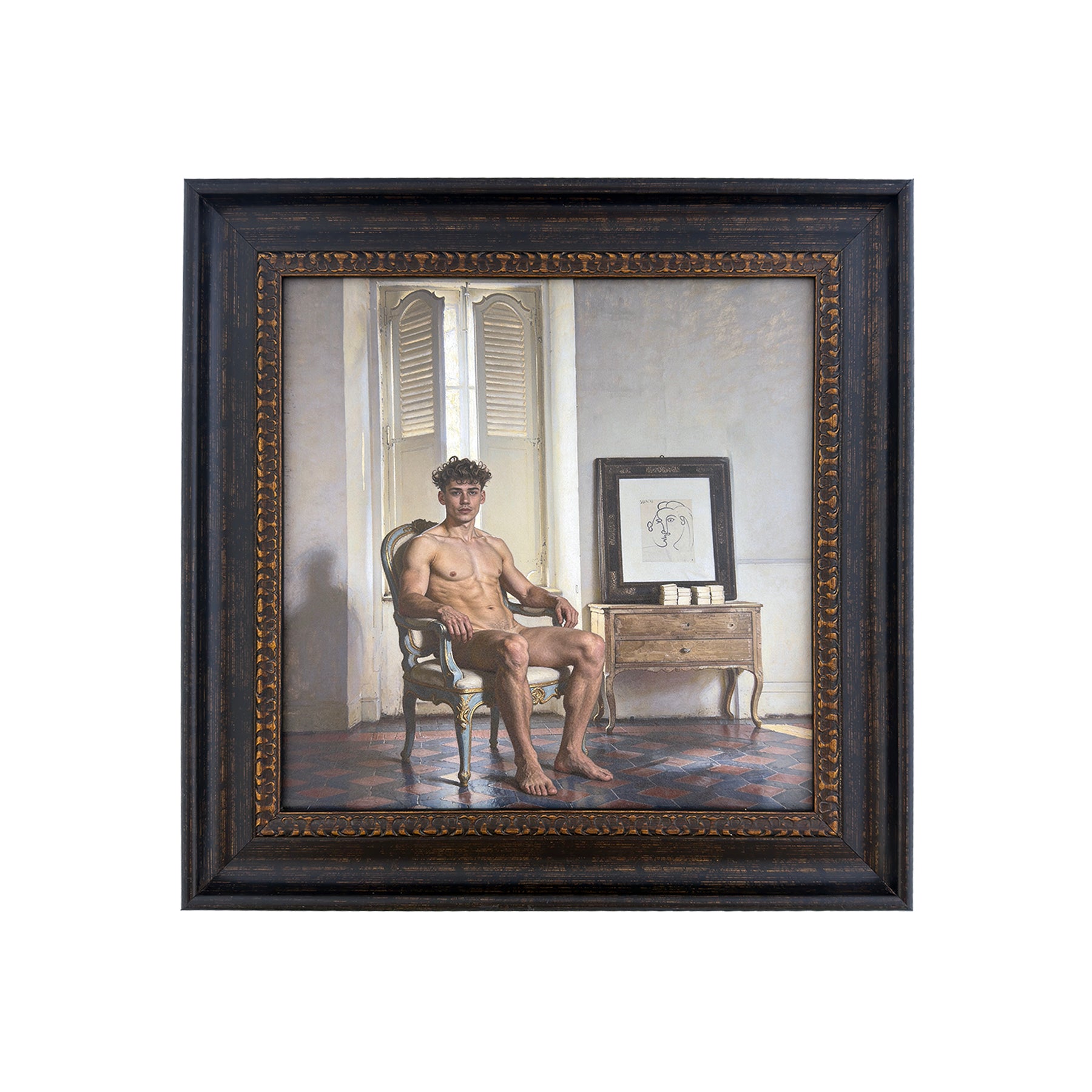Blake and Picasso 10"x10 Canvas Board Print in Vintage Frame Under Glass 13.5"x13.5"