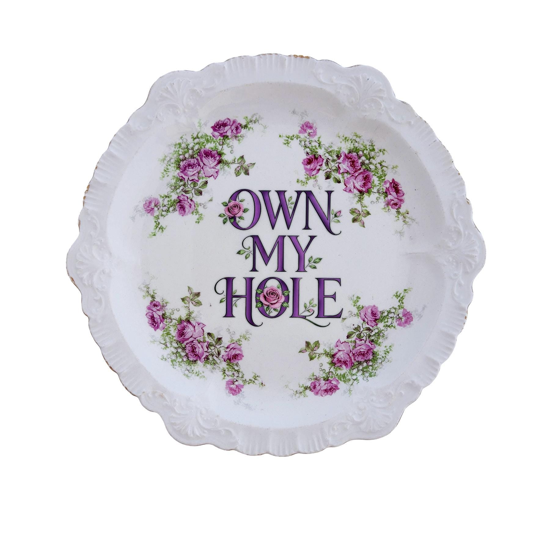 Vintage Sèvres Style Rose Plate: "OWN MY HOLE" Scalloped Edge Wall Art Catch-All