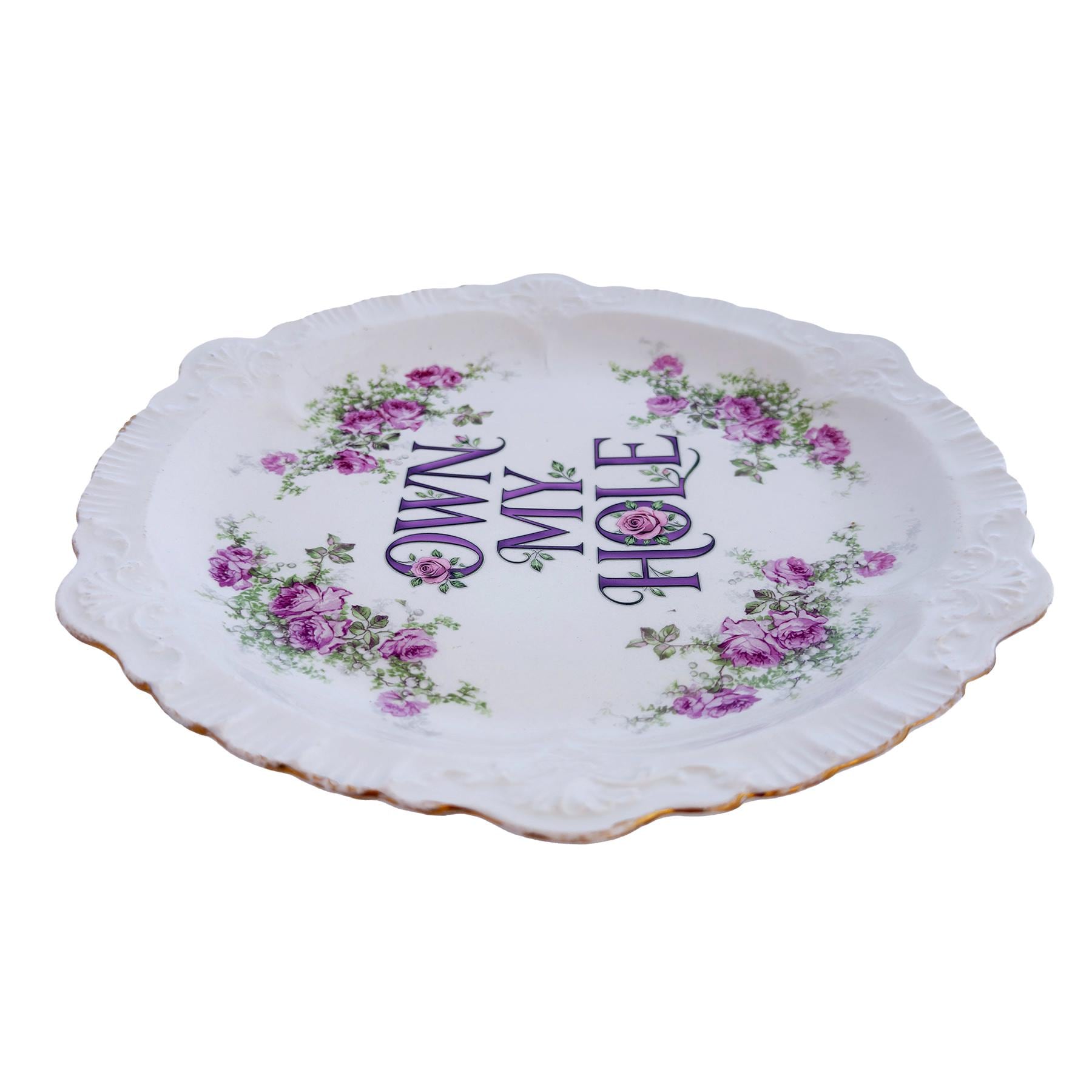 Vintage Sèvres Style Rose Plate: "OWN MY HOLE" Scalloped Edge Wall Art Catch-All