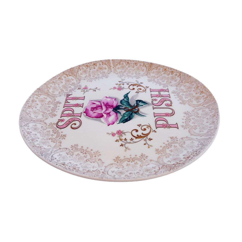 Vintage Crooksville Rose Plate: 22-KT Gold Filigree, "Spit & Push" Slogan Wall Art