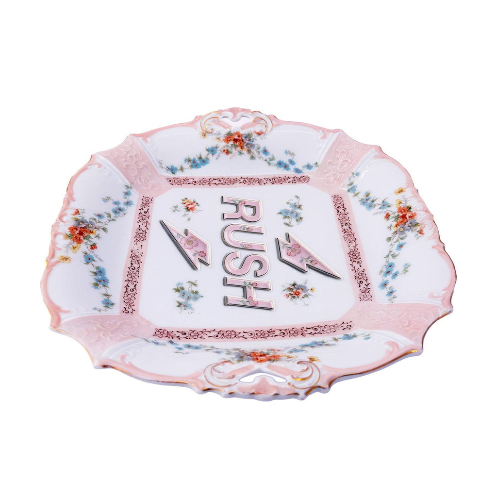 RUSH Tray Antique Edwardian Era German Porcelain 10"x11" Kitschy Humor Home Collector Wall Art Plate or Catchall