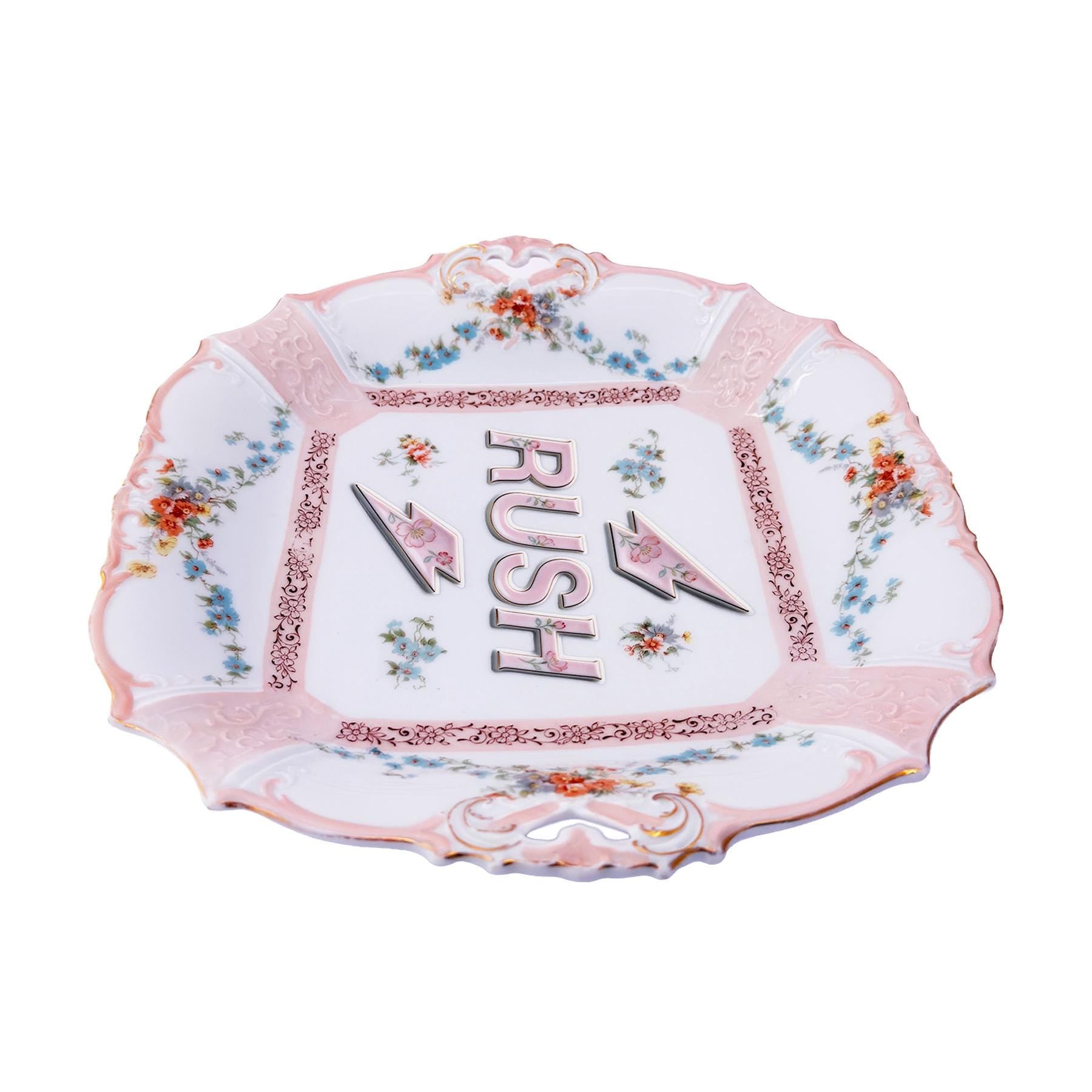 RUSH Tray Antique Edwardian Era German Porcelain 10"x11" Kitschy Humor Home Collector Wall Art Plate or Catchall