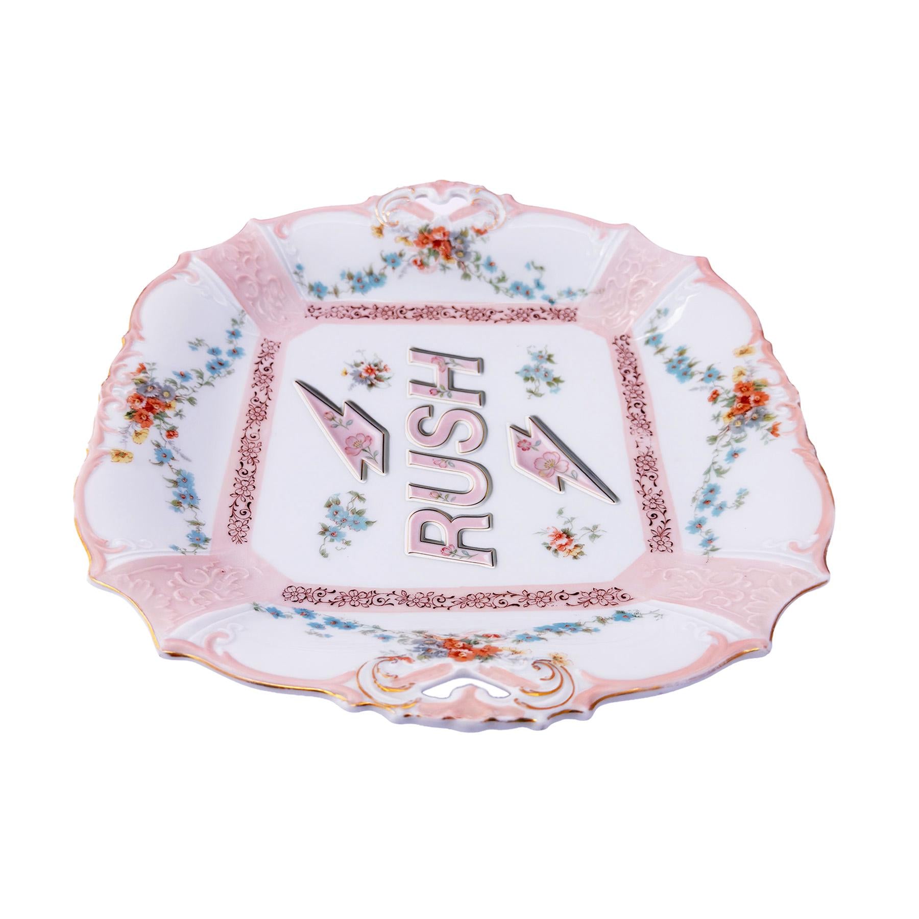 RUSH Tray Antique Edwardian Era German Porcelain 10"x11" Kitschy Humor Home Collector Wall Art Plate or Catchall
