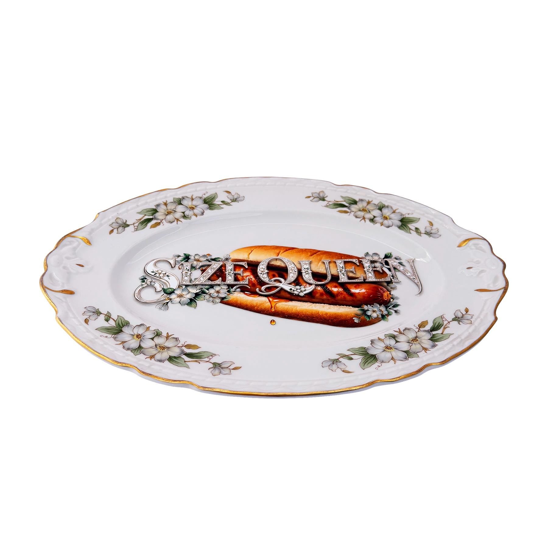 Size Queen Large 10"x14" Serving Platter Upcycled Vintage Fine Chine Wall Art Decor Plate Hot Dog Motif Kitsch