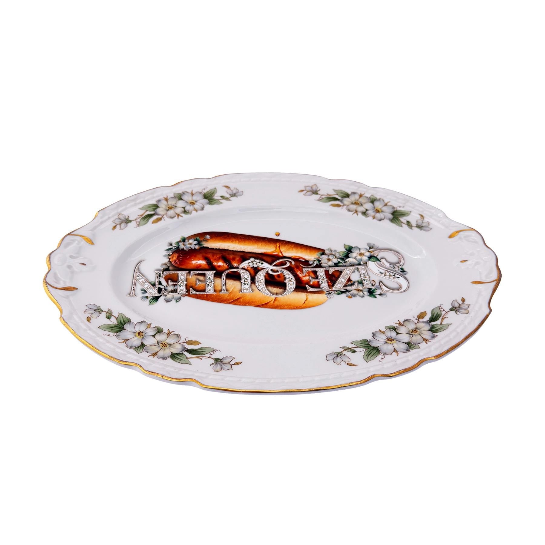 Size Queen Large 10"x14" Serving Platter Upcycled Vintage Fine Chine Wall Art Decor Plate Hot Dog Motif Kitsch