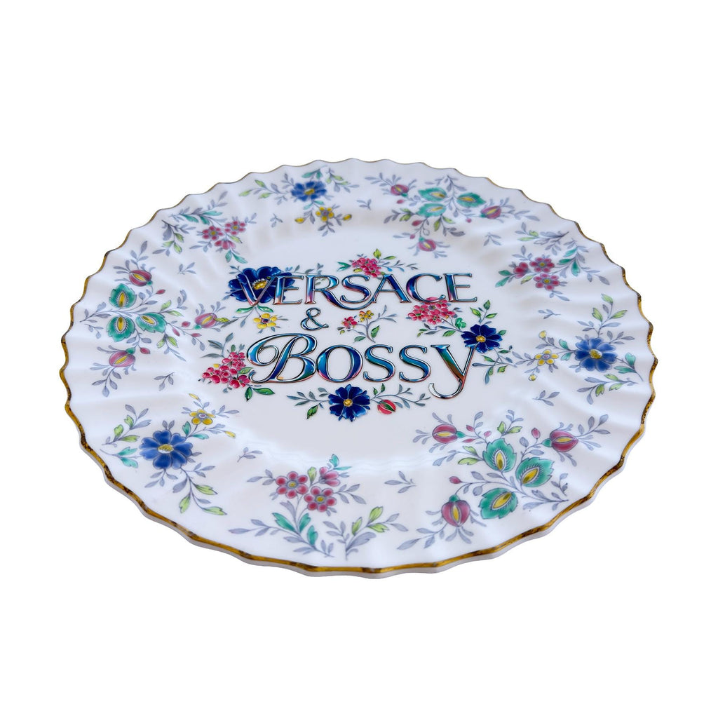 V•rsace & Bossy Upcycled Vintage Fine Bone China Plate 10.5" Art Display Home Accessory
