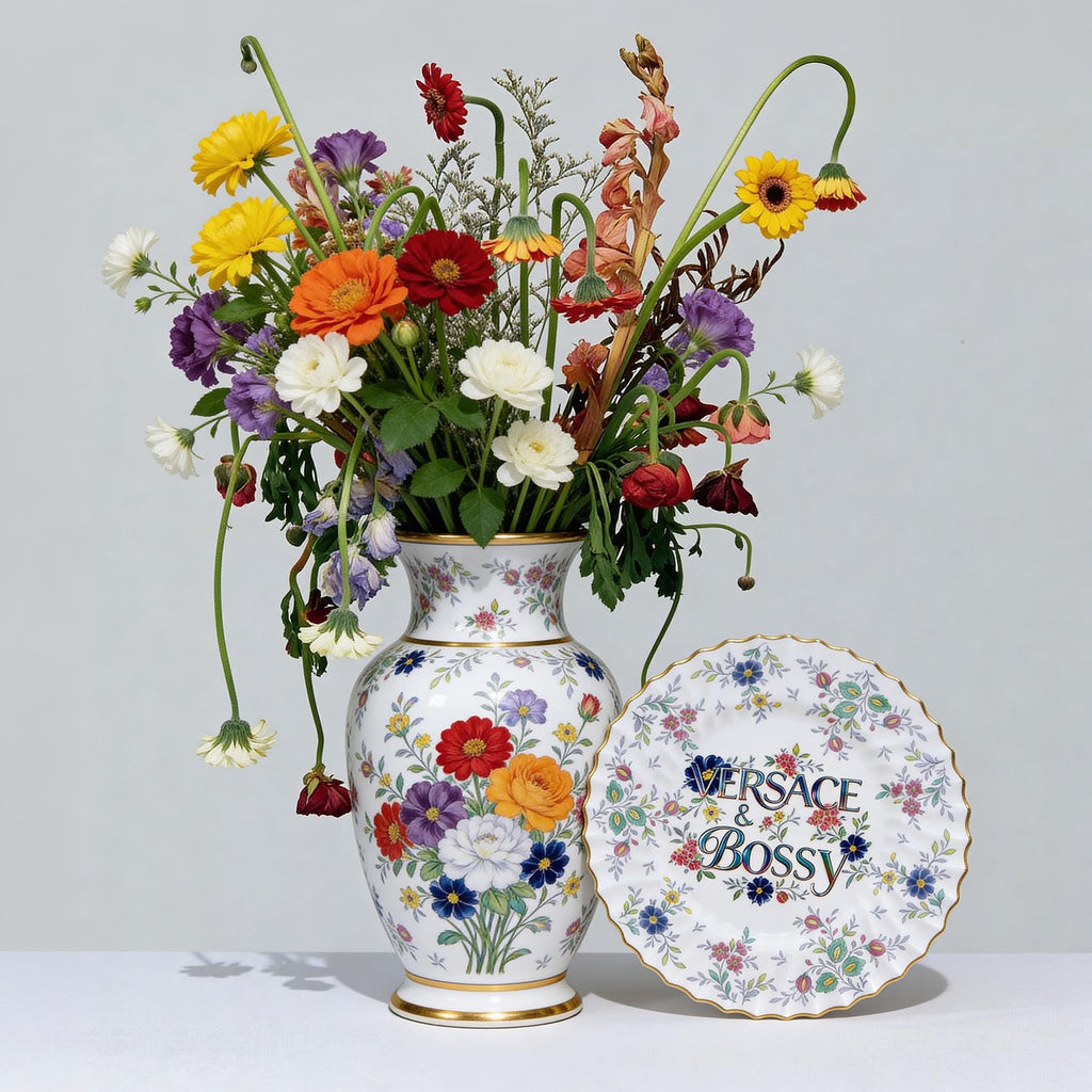 V•rsace & Bossy Upcycled Vintage Fine Bone China Plate 10.5" Art Display Home Accessory