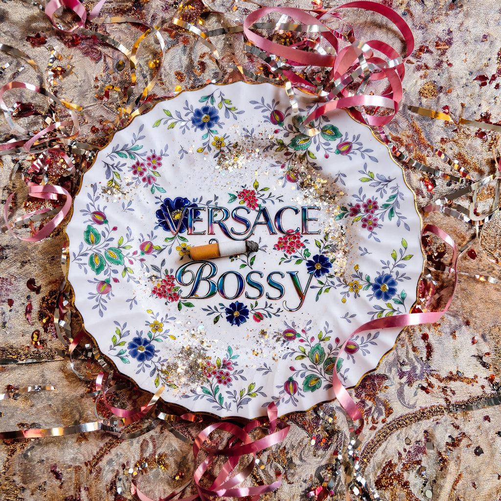 V•rsace & Bossy Upcycled Vintage Fine Bone China Plate 10.5" Art Display Home Accessory