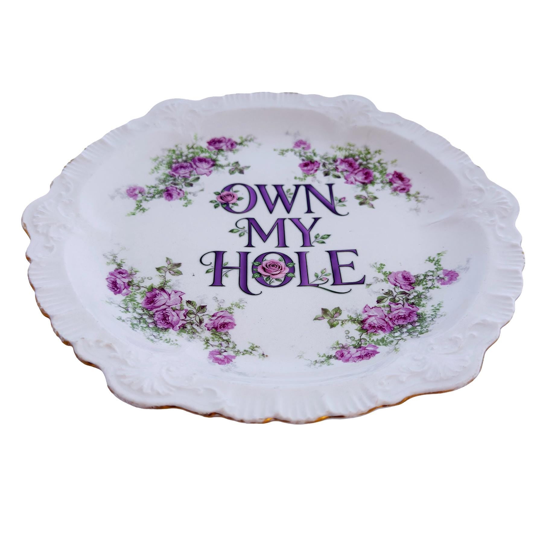 Vintage Sèvres Style Rose Plate: "OWN MY HOLE" Scalloped Edge Wall Art Catch-All