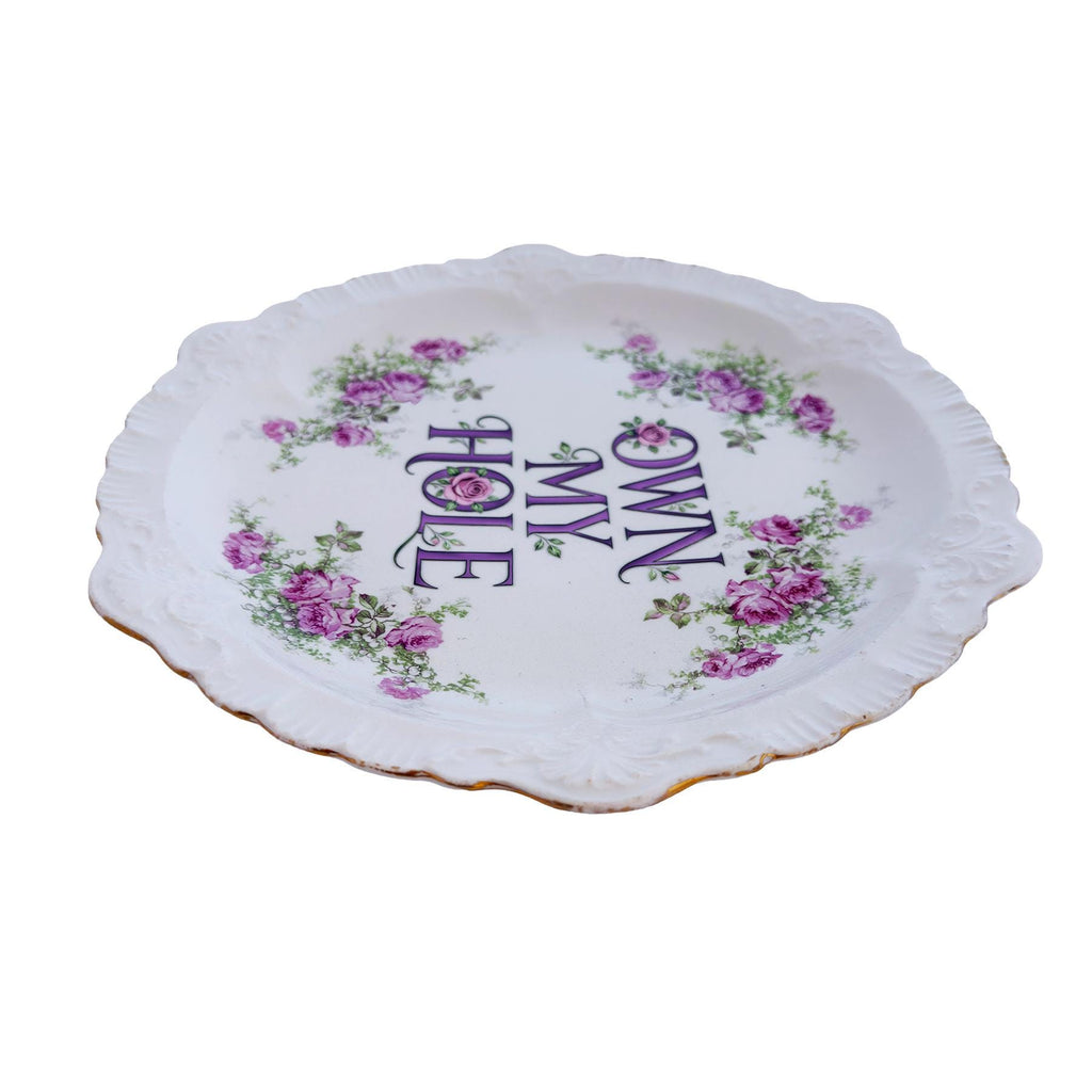 Vintage Sèvres Style Rose Plate: "OWN MY HOLE" Scalloped Edge Wall Art Catch-All