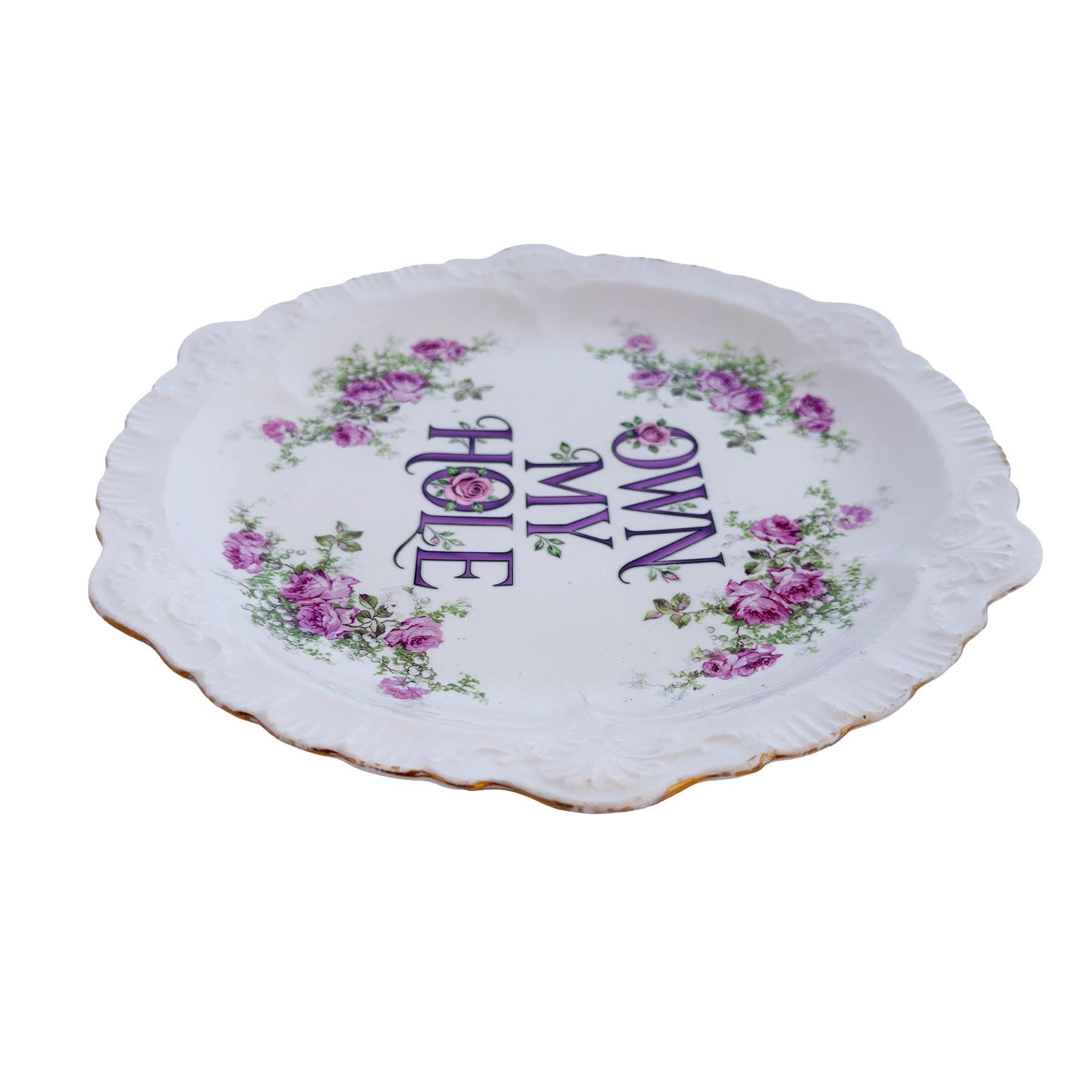 Vintage Sèvres Style Rose Plate: "OWN MY HOLE" Scalloped Edge Wall Art Catch-All