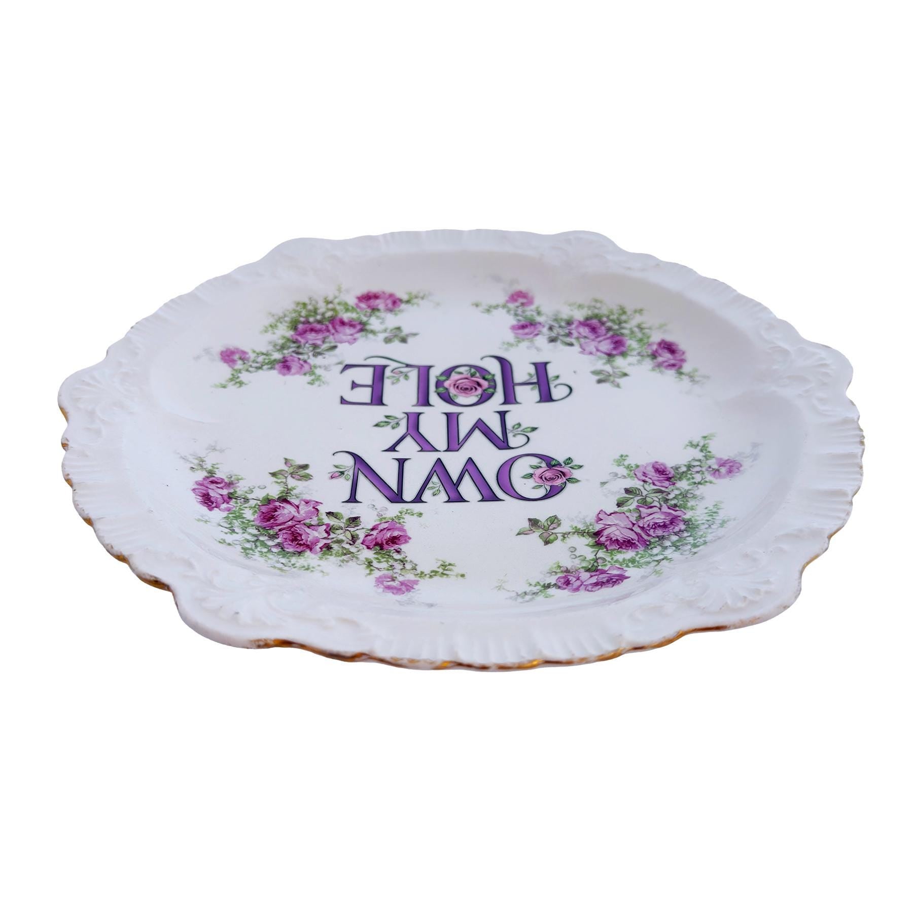 Vintage Sèvres Style Rose Plate: "OWN MY HOLE" Scalloped Edge Wall Art Catch-All