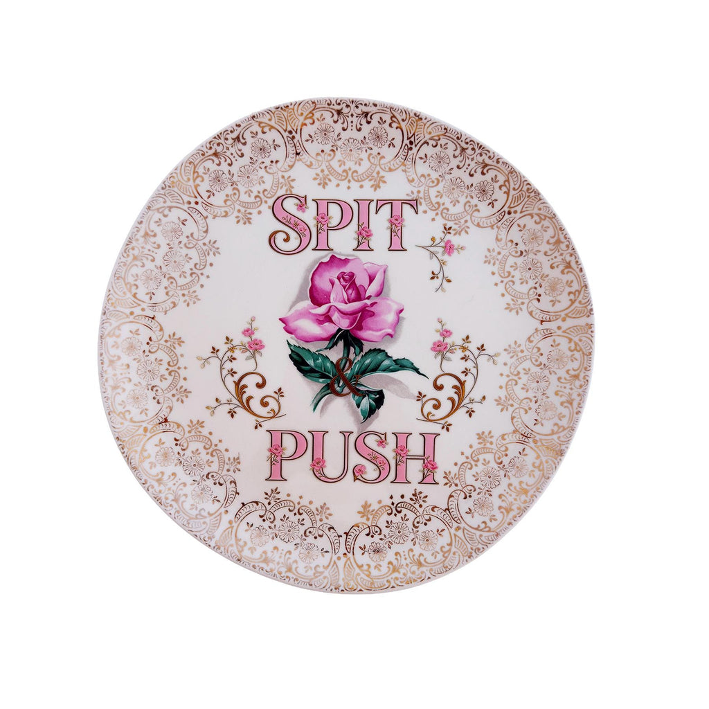 Vintage Crooksville Rose Plate: 22-KT Gold Filigree, "Spit & Push" Slogan Wall Art