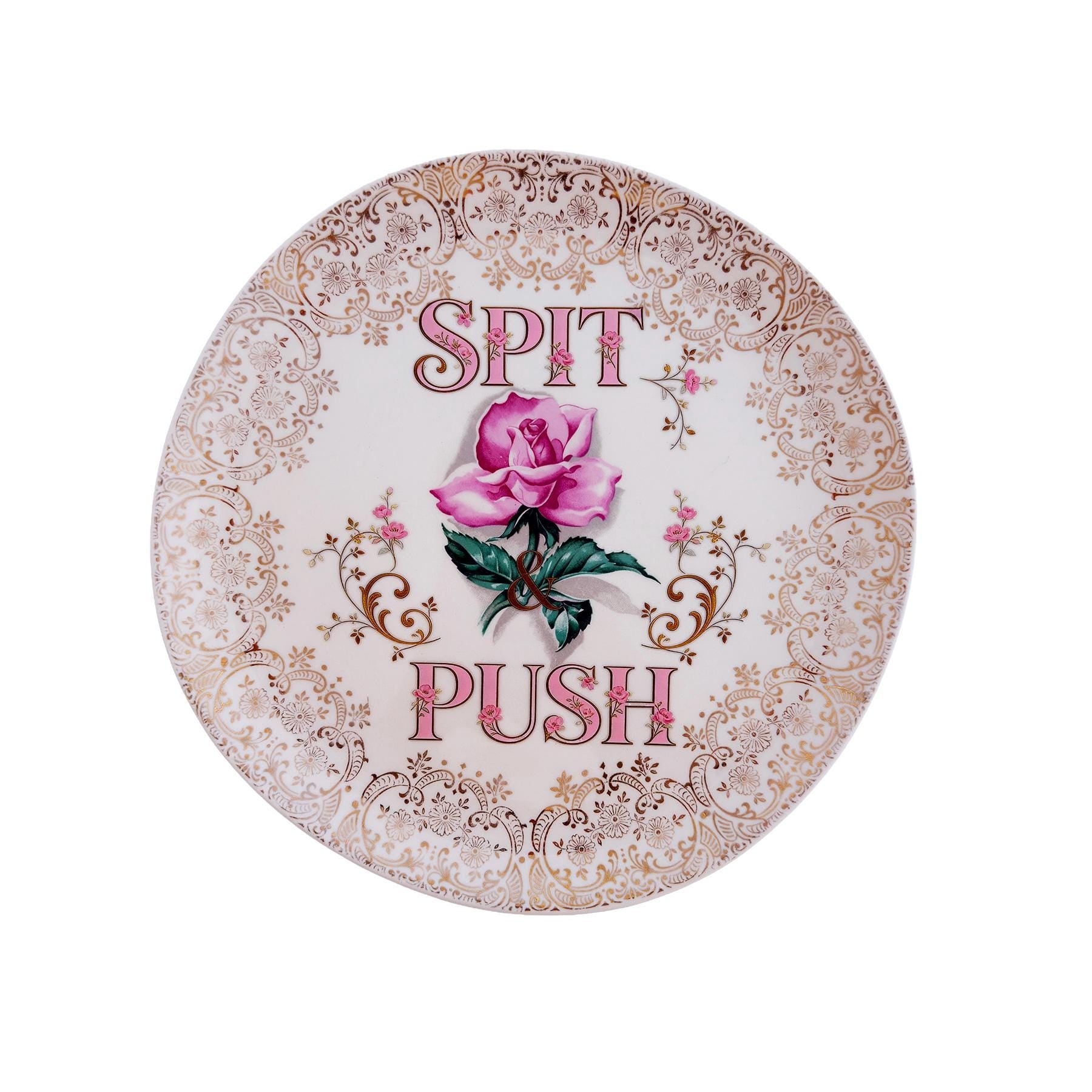 Vintage Crooksville Rose Plate: 22-KT Gold Filigree, "Spit & Push" Slogan Wall Art