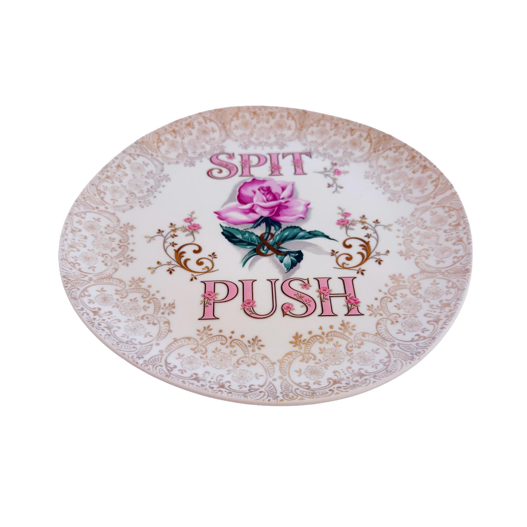 Vintage Crooksville Rose Plate: 22-KT Gold Filigree, "Spit & Push" Slogan Wall Art