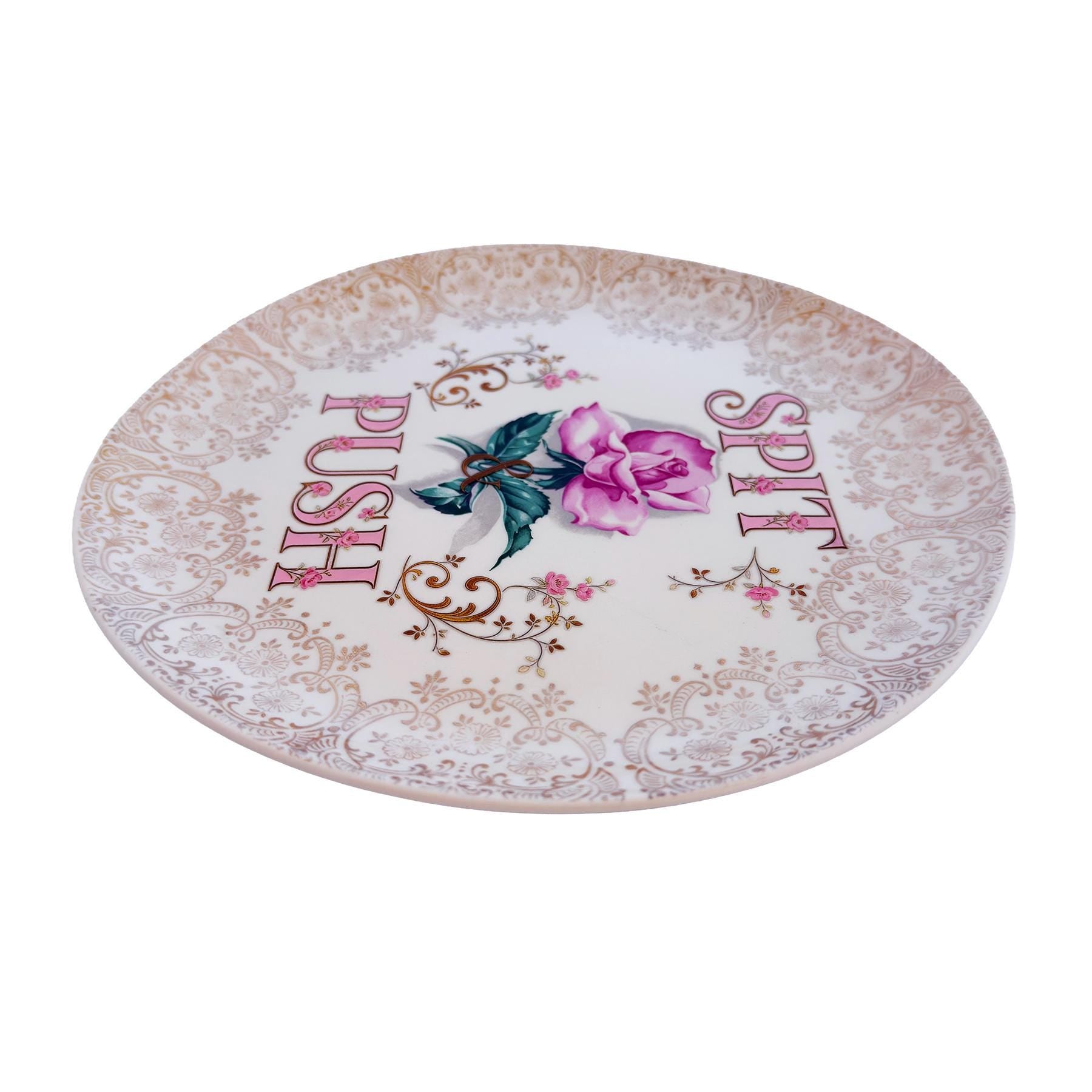 Vintage Crooksville Rose Plate: 22-KT Gold Filigree, "Spit & Push" Slogan Wall Art