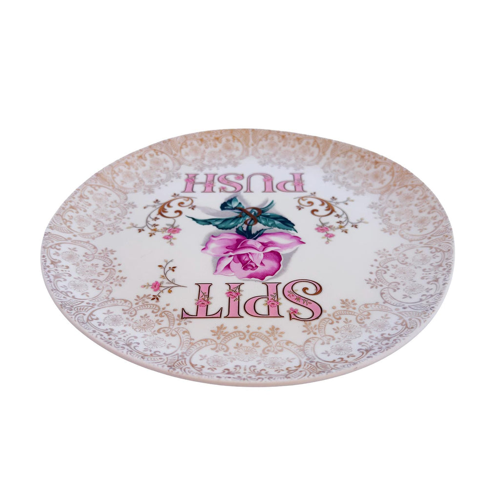 Vintage Crooksville Rose Plate: 22-KT Gold Filigree, "Spit & Push" Slogan Wall Art