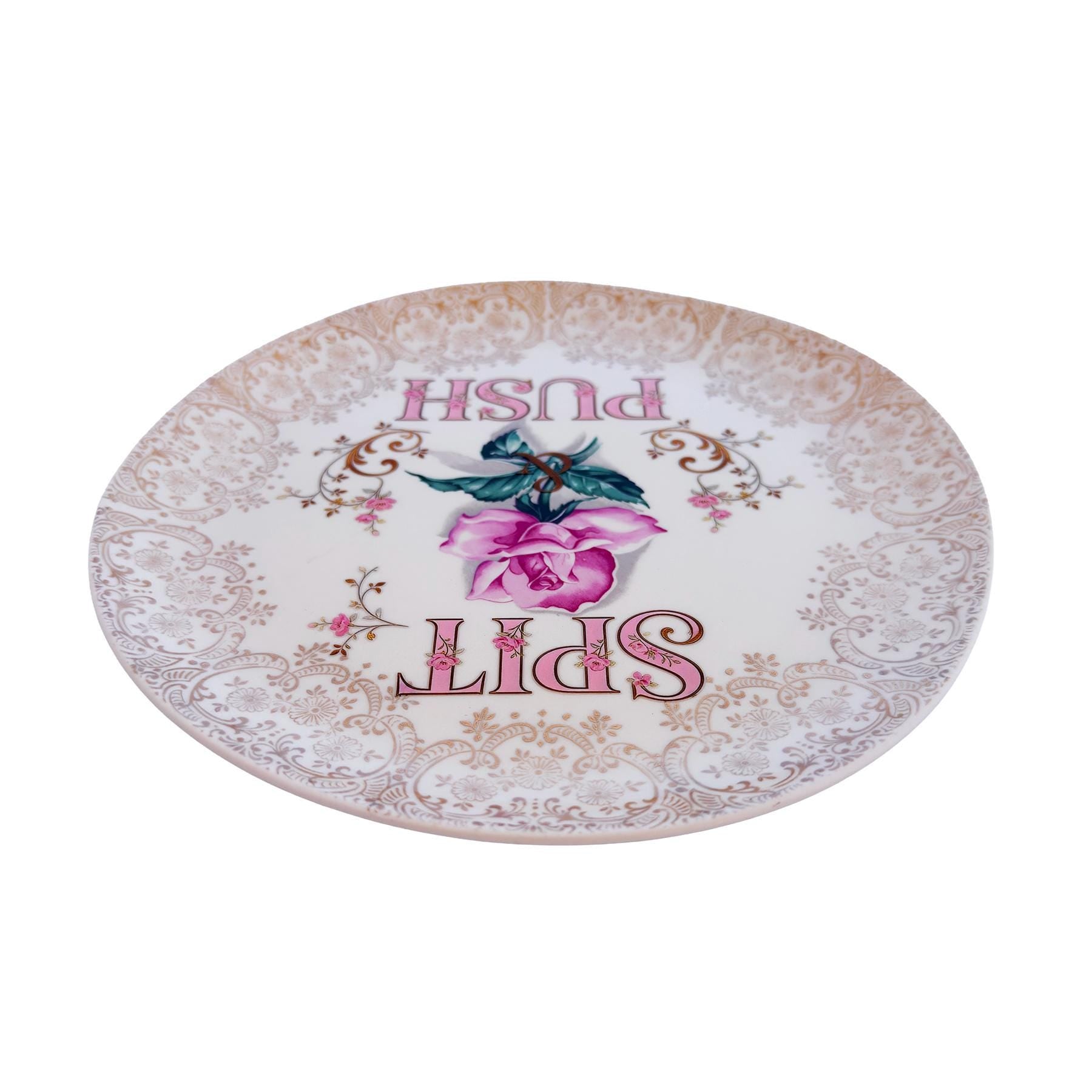 Vintage Crooksville Rose Plate: 22-KT Gold Filigree, "Spit & Push" Slogan Wall Art