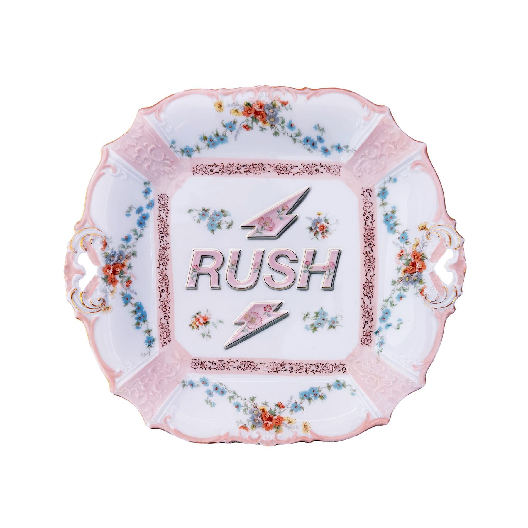 RUSH Tray Antique Edwardian Era German Porcelain 10"x11" Kitschy Humor Home Collector Wall Art Plate or Catchall