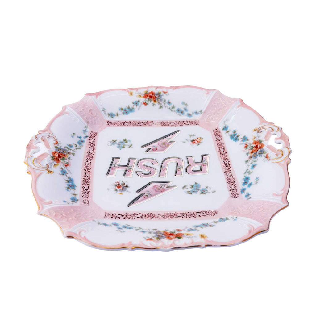 RUSH Tray Antique Edwardian Era German Porcelain 10"x11" Kitschy Humor Home Collector Wall Art Plate or Catchall