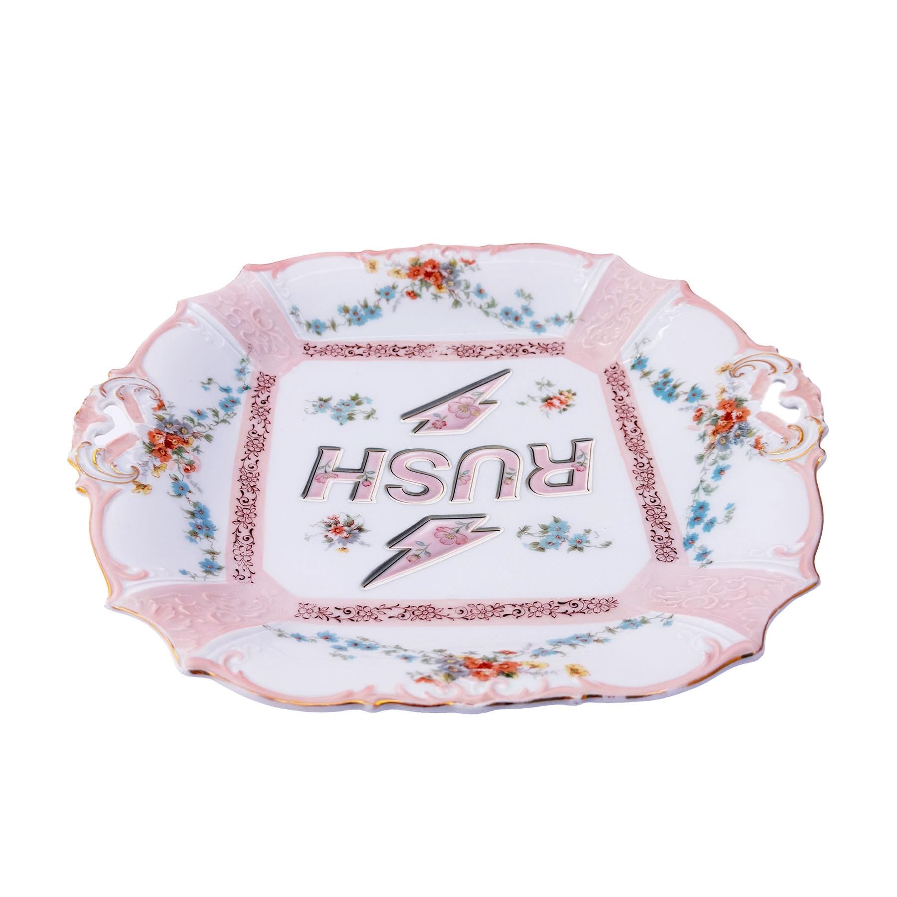 RUSH Tray Antique Edwardian Era German Porcelain 10"x11" Kitschy Humor Home Collector Wall Art Plate or Catchall