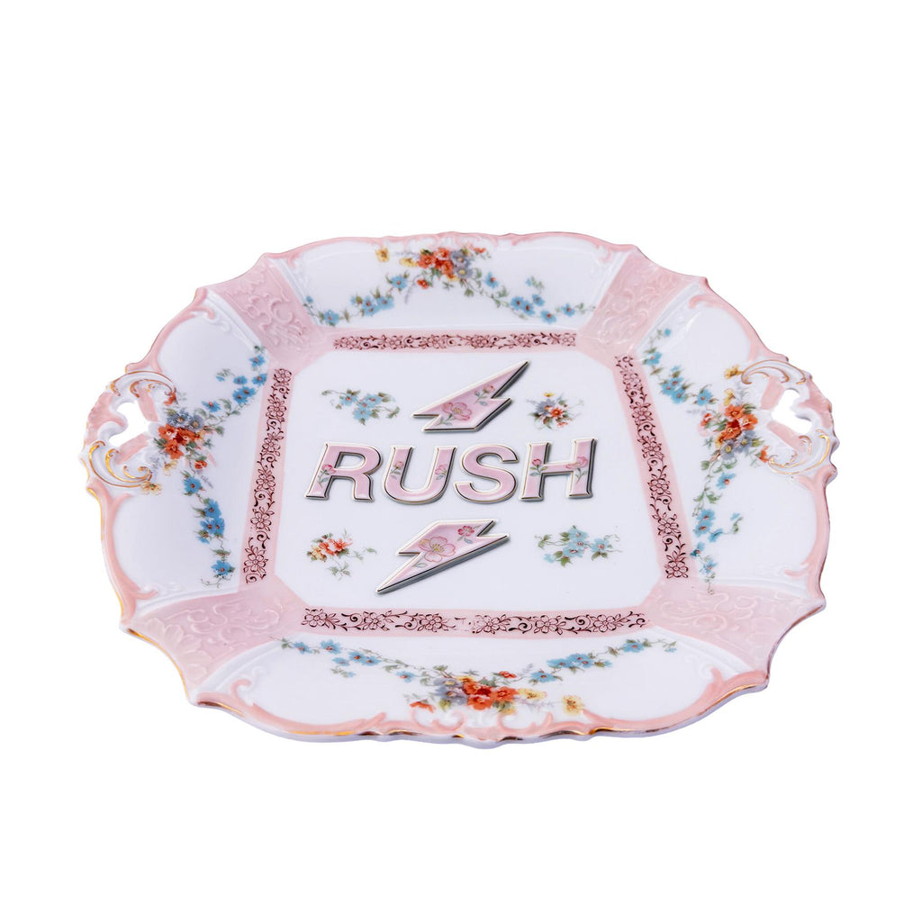 RUSH Tray Antique Edwardian Era German Porcelain 10"x11" Kitschy Humor Home Collector Wall Art Plate or Catchall