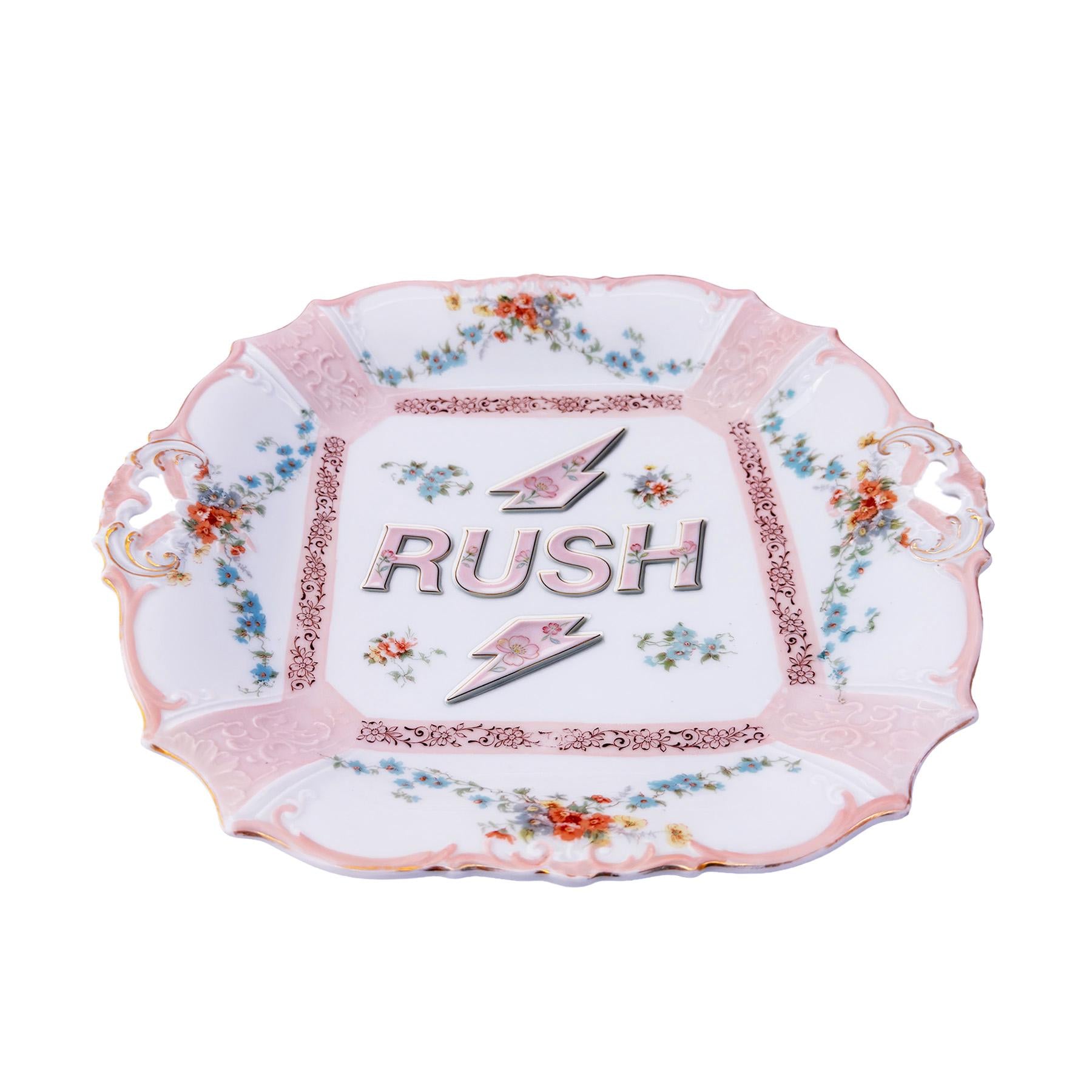 RUSH Tray Antique Edwardian Era German Porcelain 10"x11" Kitschy Humor Home Collector Wall Art Plate or Catchall