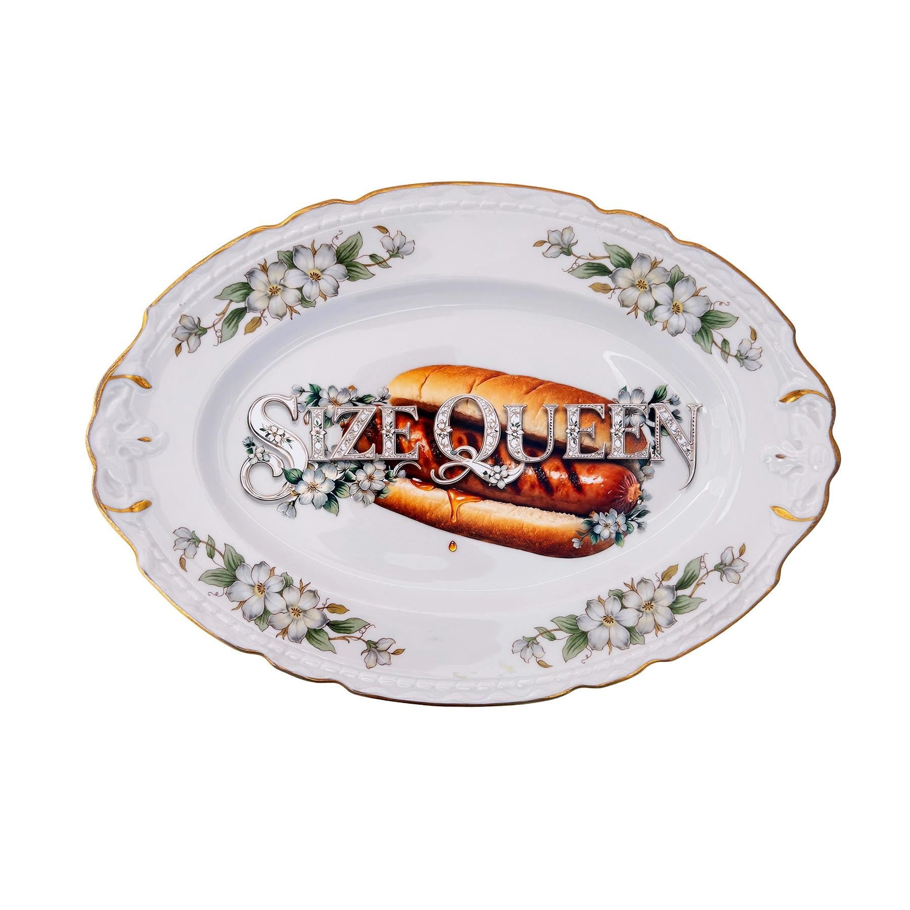 Size Queen Large 10"x14" Serving Platter Upcycled Vintage Fine Chine Wall Art Decor Plate Hot Dog Motif Kitsch