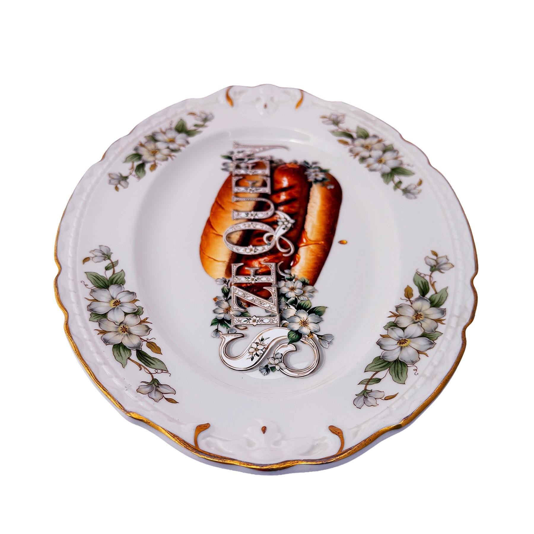 Size Queen Large 10"x14" Serving Platter Upcycled Vintage Fine Chine Wall Art Decor Plate Hot Dog Motif Kitsch