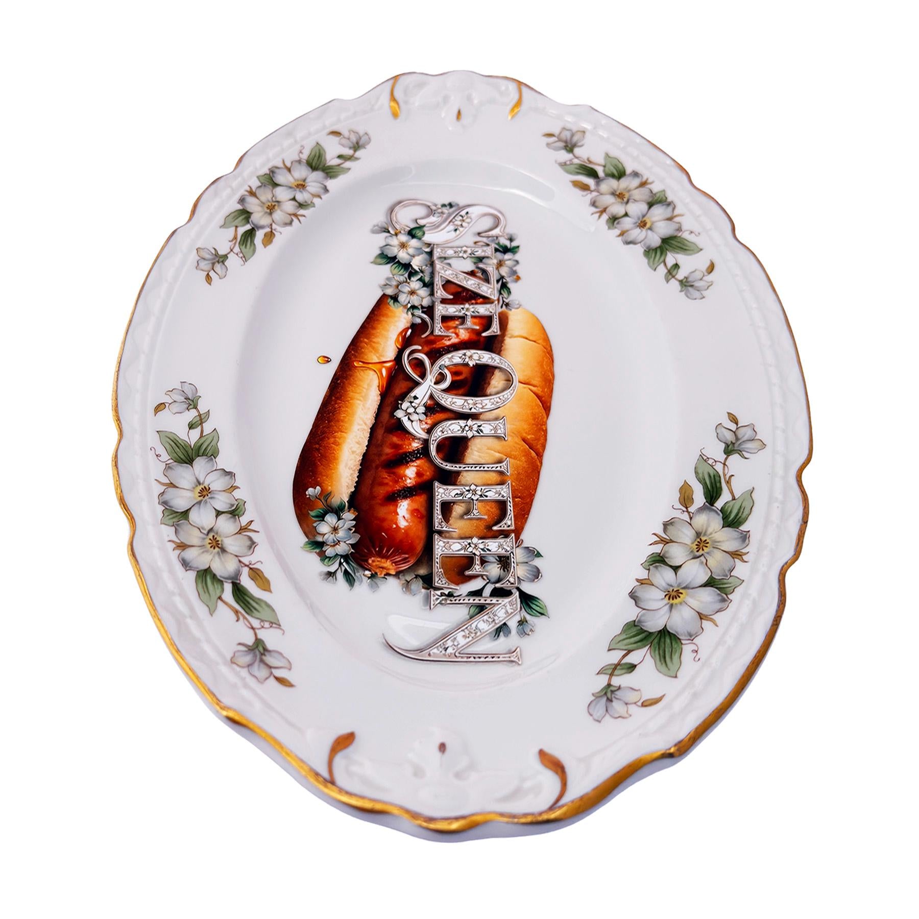 Size Queen Large 10"x14" Serving Platter Upcycled Vintage Fine Chine Wall Art Decor Plate Hot Dog Motif Kitsch