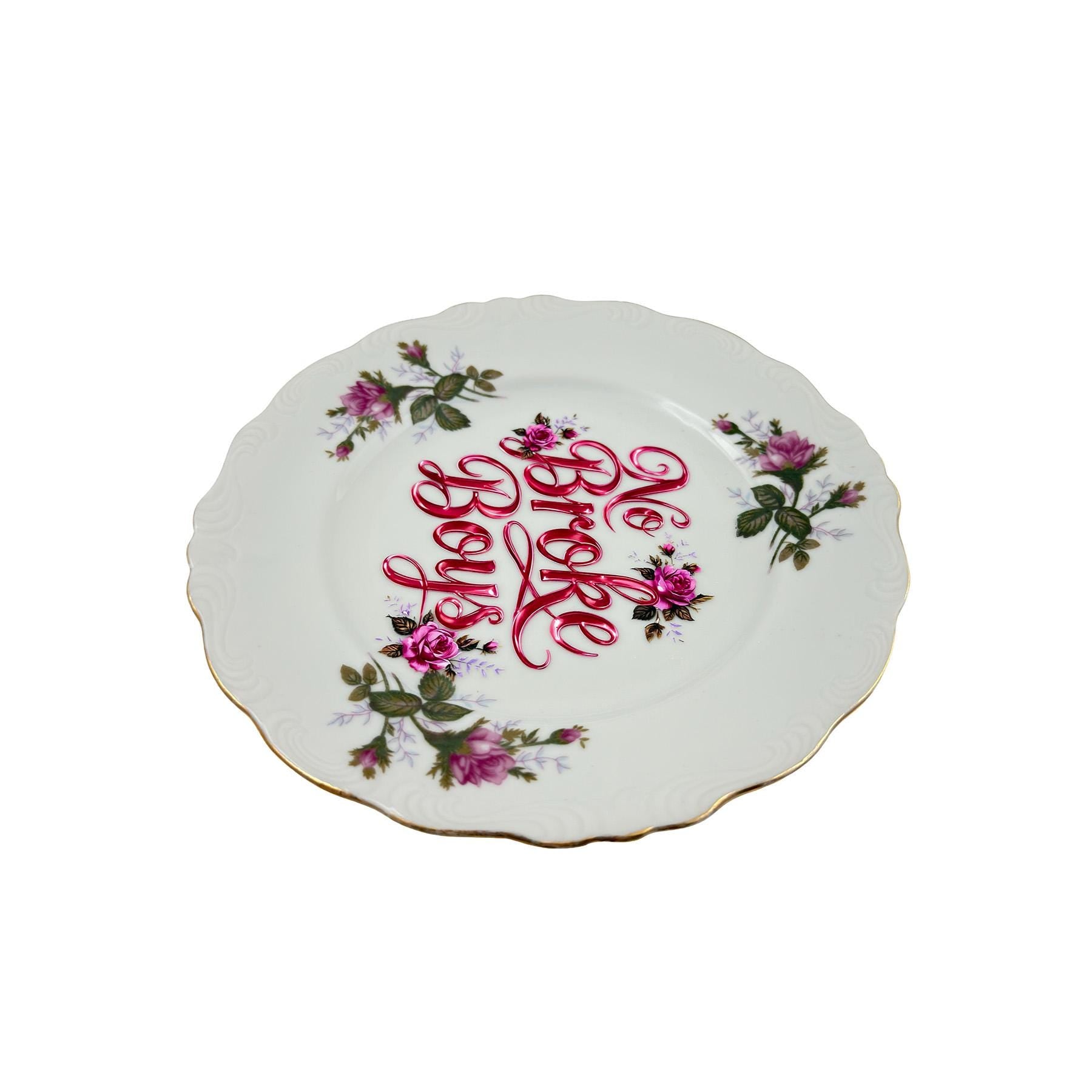 Vintage Porcelain Plate: Pink Roses, Gold Trim, "No Broke Boys" 8" Round Unique Catchall