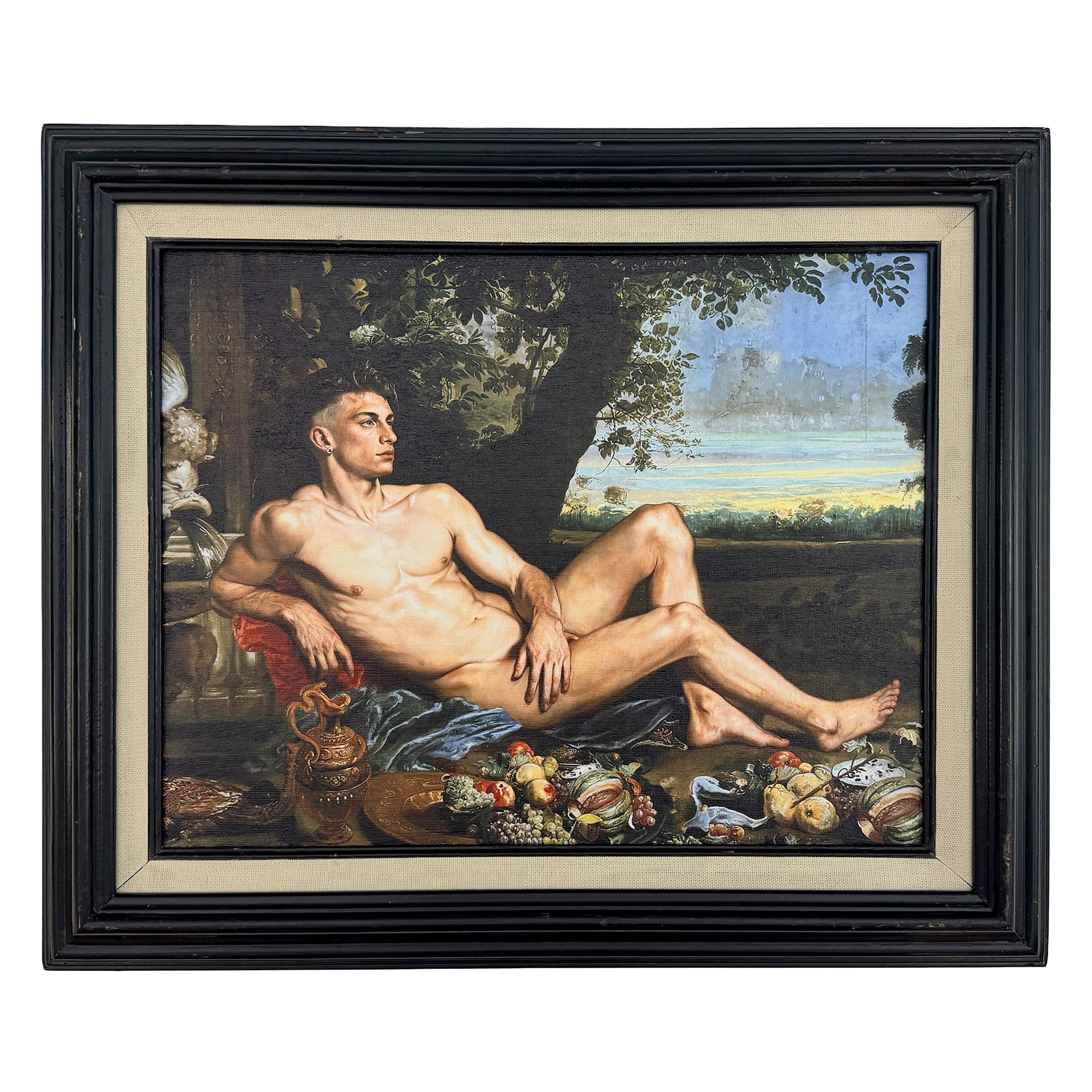 Classical Male Nude Portrait in Vintage Frame UV Printed Canvas Board Art Dutch Master Inspired Still Life One-of-a-Kind Wall Art