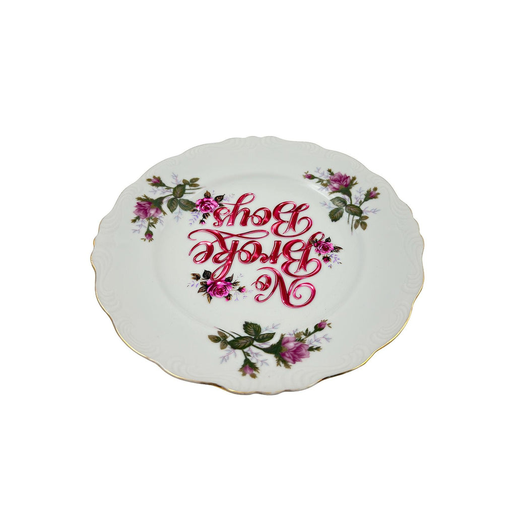 Vintage Porcelain Plate: Pink Roses, Gold Trim, "No Broke Boys" 8" Round Unique Catchall
