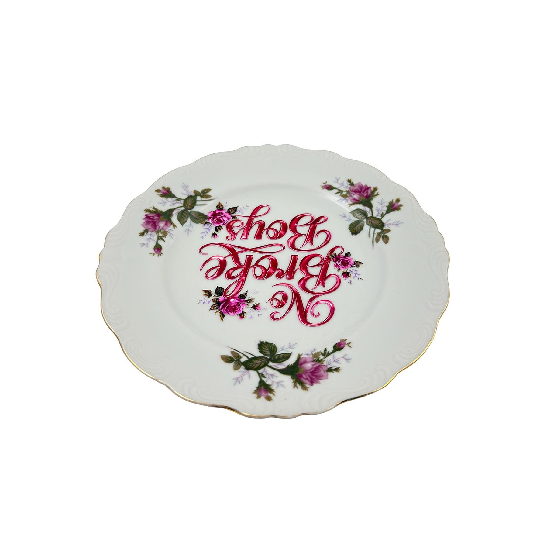 Vintage Porcelain Plate: Pink Roses, Gold Trim, "No Broke Boys" 8" Round Unique Catchall