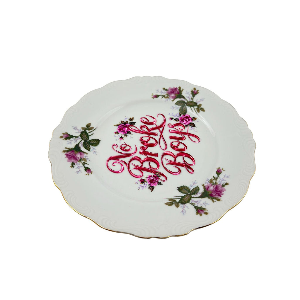Vintage Porcelain Plate: Pink Roses, Gold Trim, "No Broke Boys" 8" Round Unique Catchall
