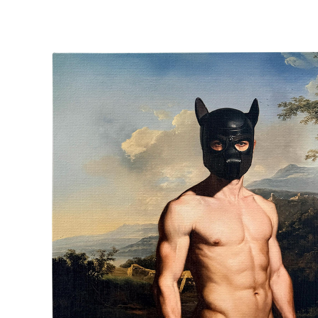 Male Nude Fine Art Print on Canvas Board, Puppy Play Inspired Original Art, Classical Portraiture MATURE NSFW