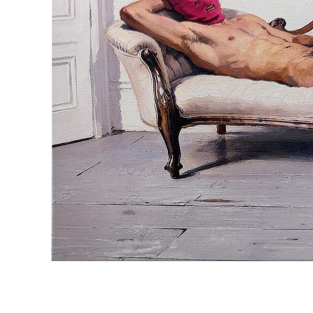 Reclining Nude on Couch Canvas Board Print, Sleazecore Male Nude Art, Queer Erotic Wall Decor, Pink Hood Figure, UV Ink Fine Art Print
