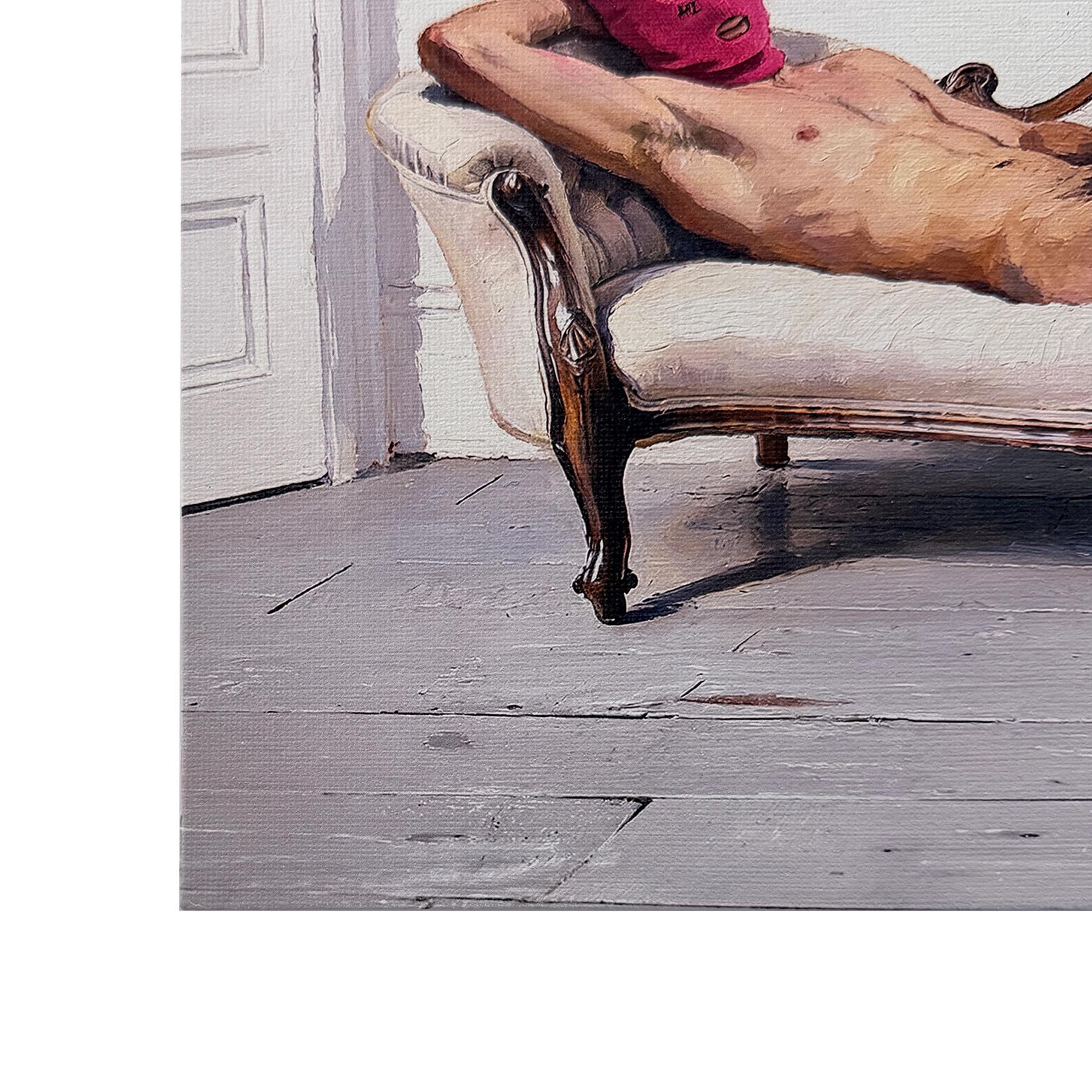 Reclining Nude on Couch Canvas Board Print, Sleazecore Male Nude Art, Queer Erotic Wall Decor, Pink Hood Figure, UV Ink Fine Art Print