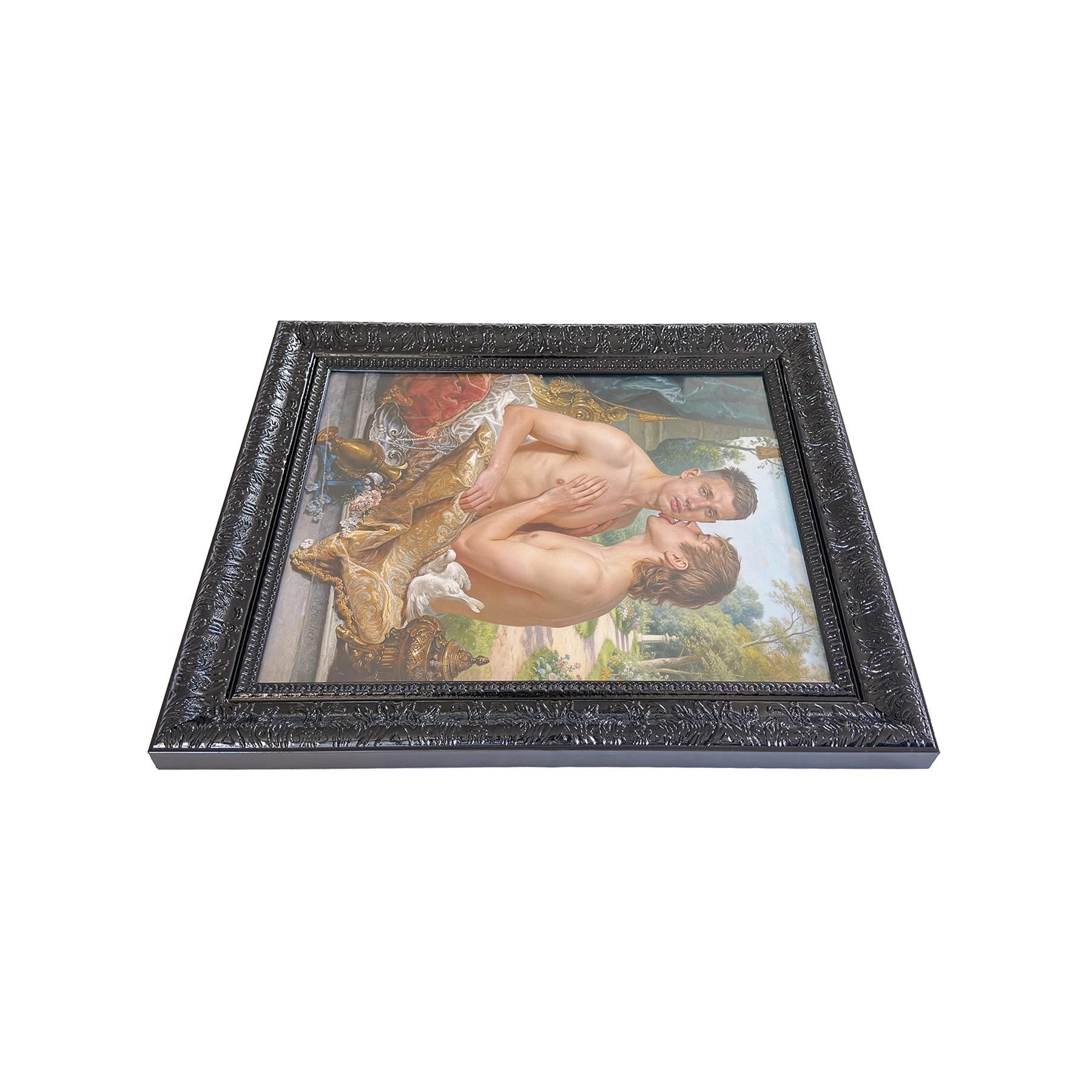 A Lover’s Embrace Framed Gay Male Nude Art, Queer Romantic Wall Decor, Classical Homoerotic Canvas Print, Gloss Black Frame, 20"x24"