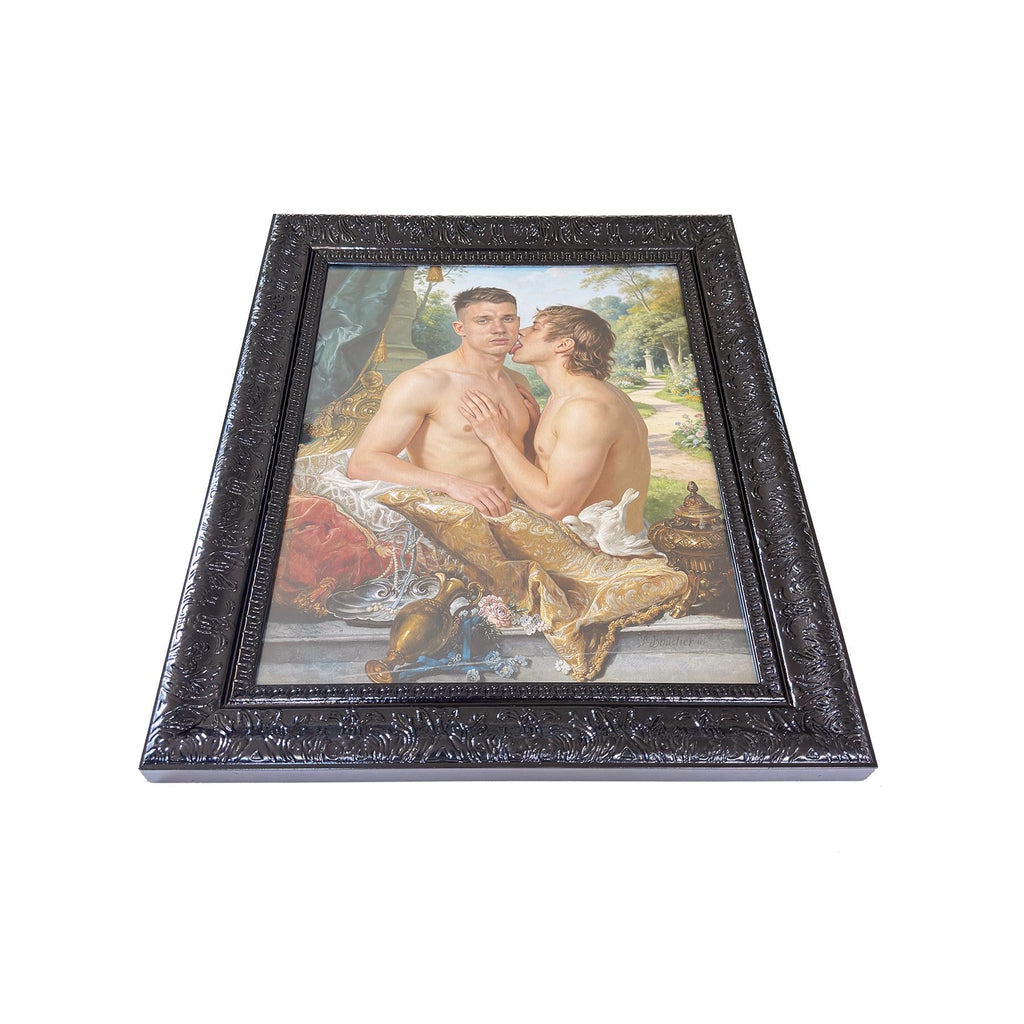 A Lover’s Embrace Framed Gay Male Nude Art, Queer Romantic Wall Decor, Classical Homoerotic Canvas Print, Gloss Black Frame, 20"x24"