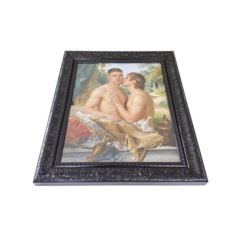 A Lover’s Embrace Framed Gay Male Nude Art, Queer Romantic Wall Decor, Classical Homoerotic Canvas Print, Gloss Black Frame, 20"x24"