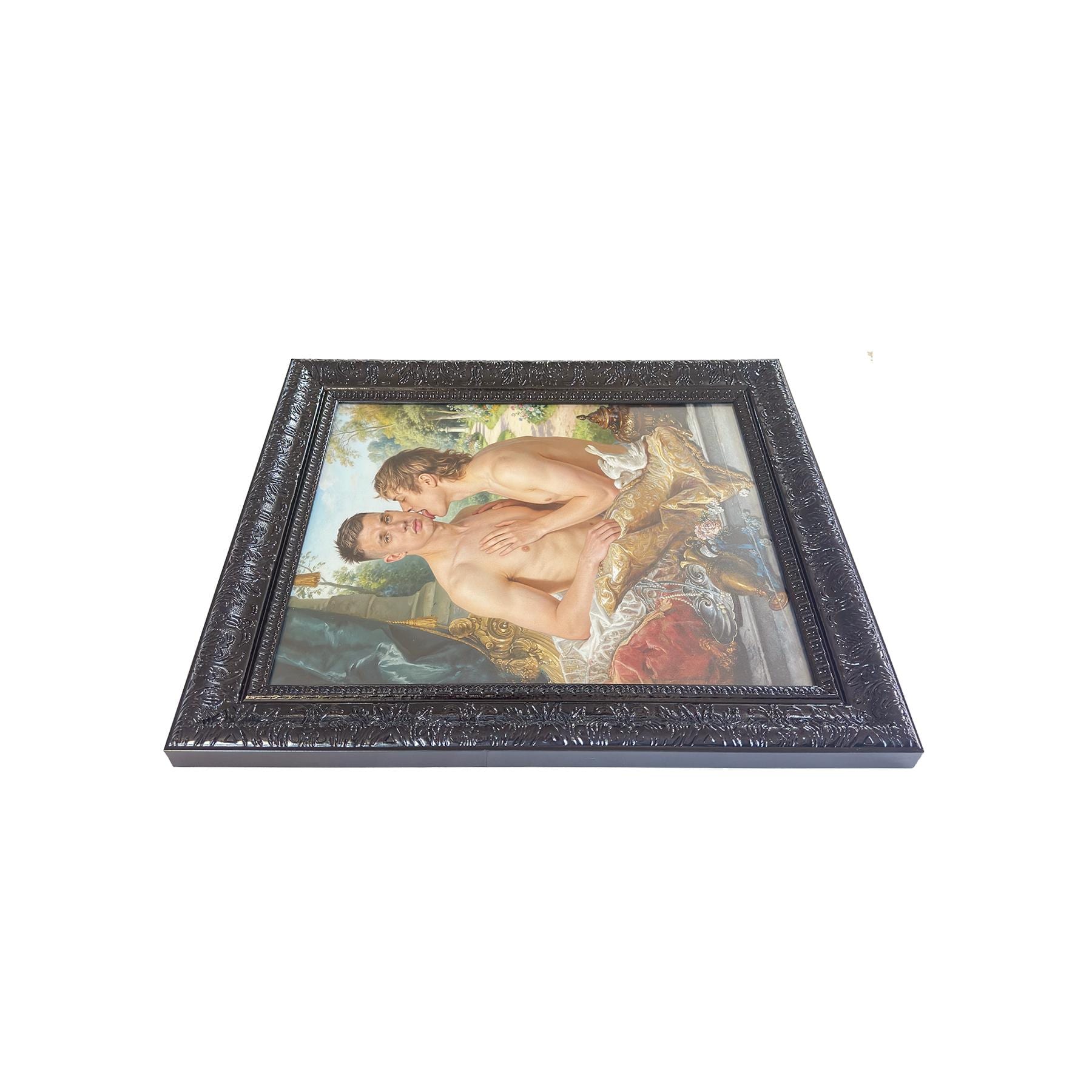 A Lover’s Embrace Framed Gay Male Nude Art, Queer Romantic Wall Decor, Classical Homoerotic Canvas Print, Gloss Black Frame, 20"x24"
