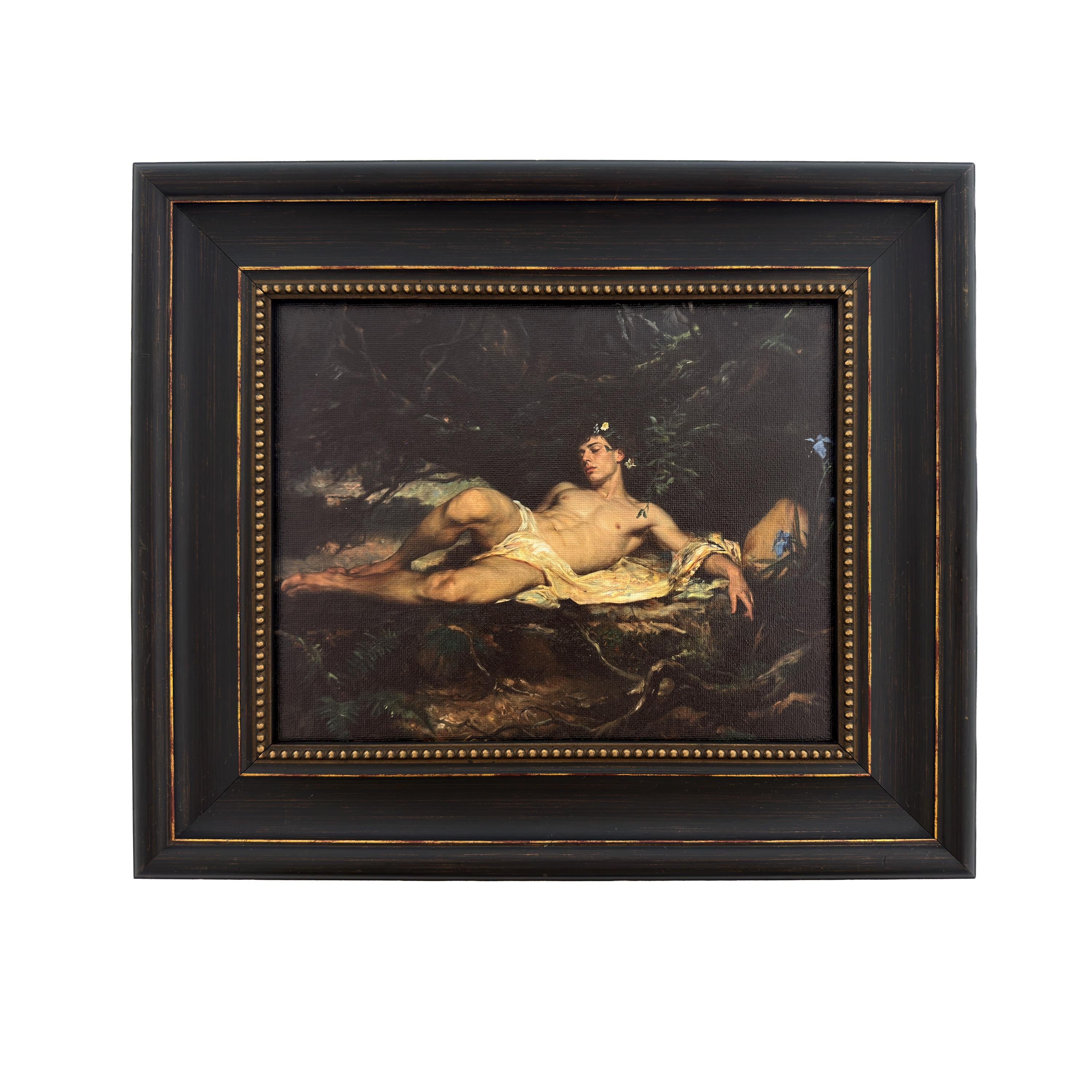 Death of Narcissus Framed Male Nude Art, Mythology Wall Decor, Classical Inspired Canvas Board Print, Vintage Frame, 8"x10"