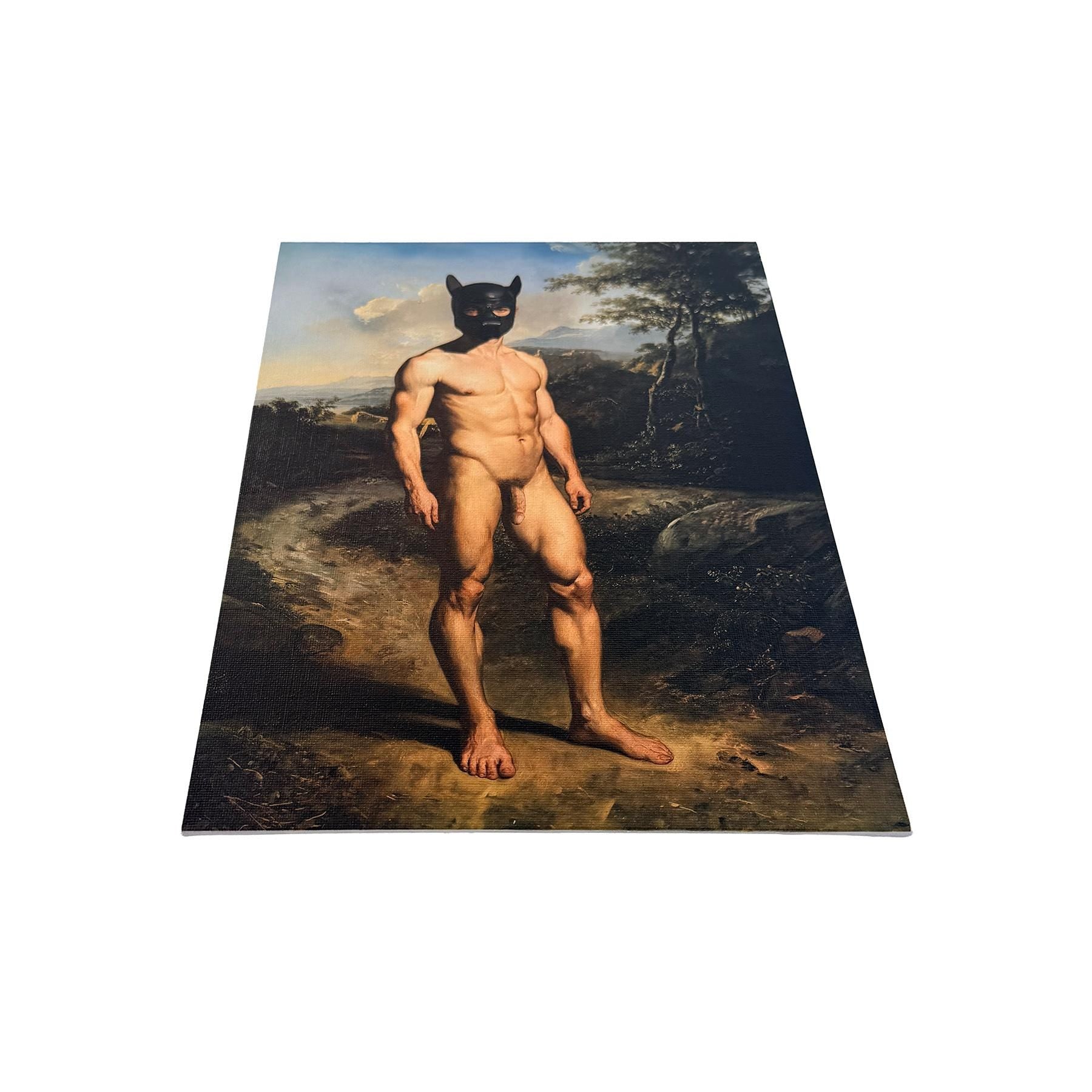 Male Nude Fine Art Print on Canvas Board, Puppy Play Inspired Original Art, Classical Portraiture MATURE NSFW