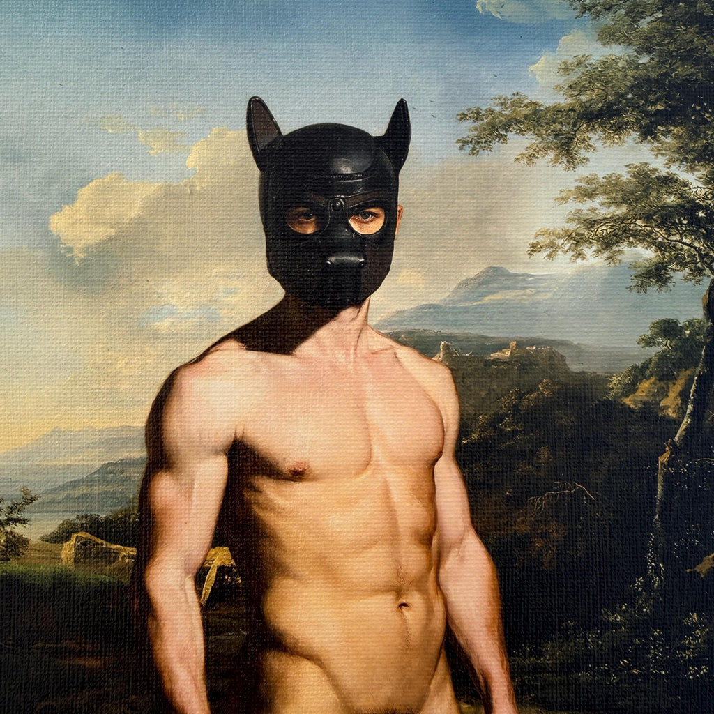 Male Nude Fine Art Print on Canvas Board, Puppy Play Inspired Original Art, Classical Portraiture MATURE NSFW