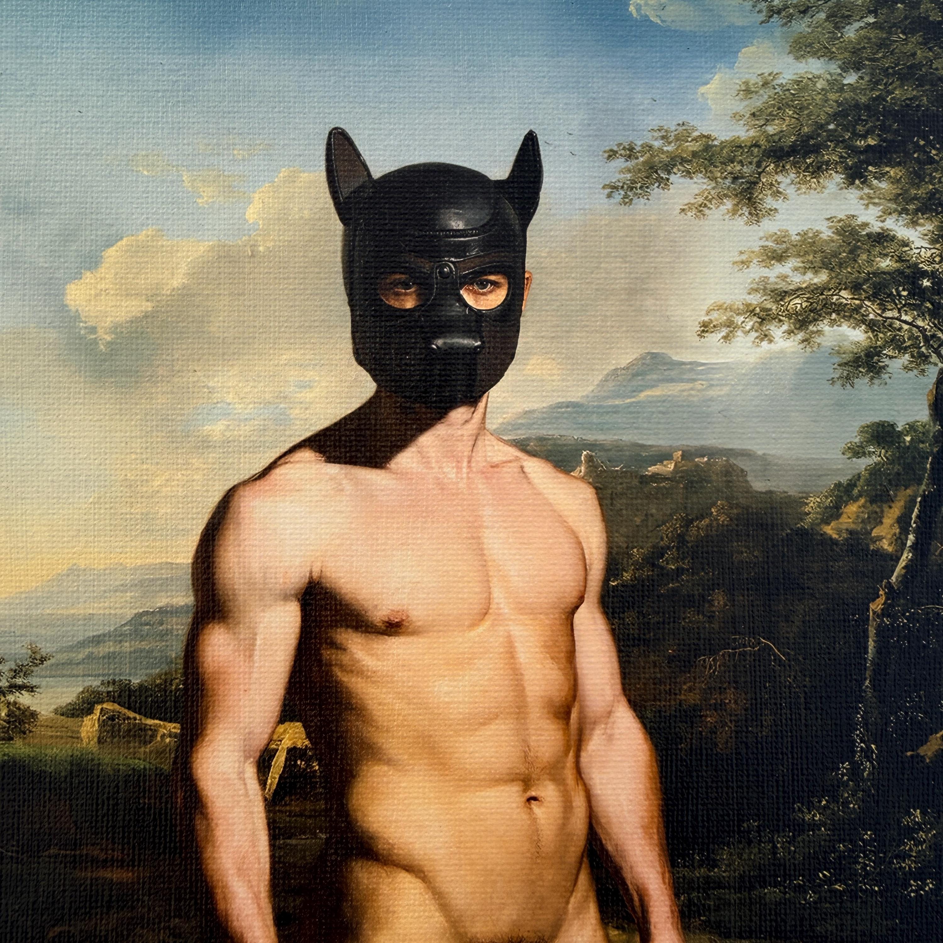 Male Nude Fine Art Print on Canvas Board, Puppy Play Inspired Original Art, Classical Portraiture MATURE NSFW