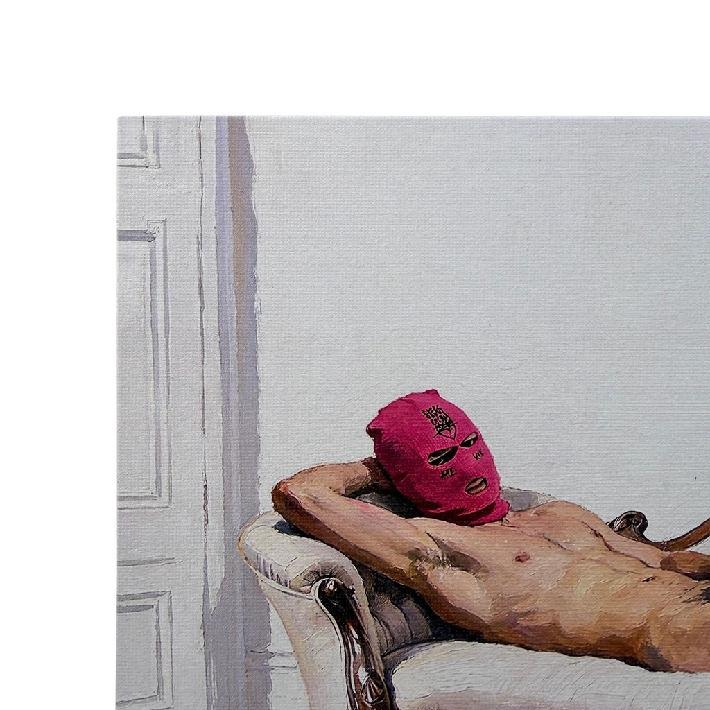 Reclining Nude on Couch Canvas Board Print, Sleazecore Male Nude Art, Queer Erotic Wall Decor, Pink Hood Figure, UV Ink Fine Art Print