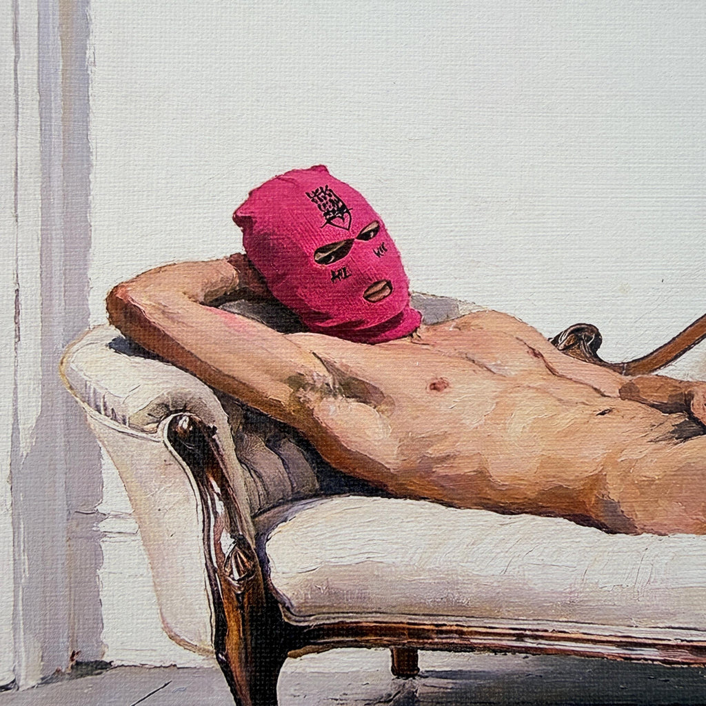 Reclining Nude on Couch Canvas Board Print, Sleazecore Male Nude Art, Queer Erotic Wall Decor, Pink Hood Figure, UV Ink Fine Art Print