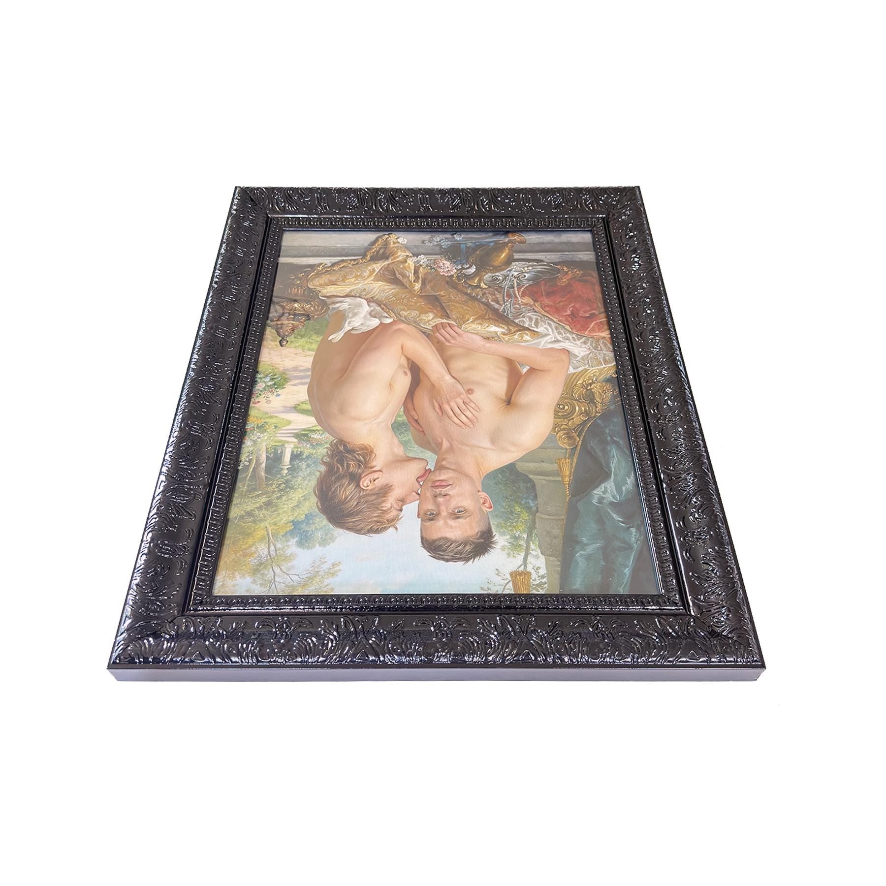 A Lover’s Embrace Framed Gay Male Nude Art, Queer Romantic Wall Decor, Classical Homoerotic Canvas Print, Gloss Black Frame, 20"x24"
