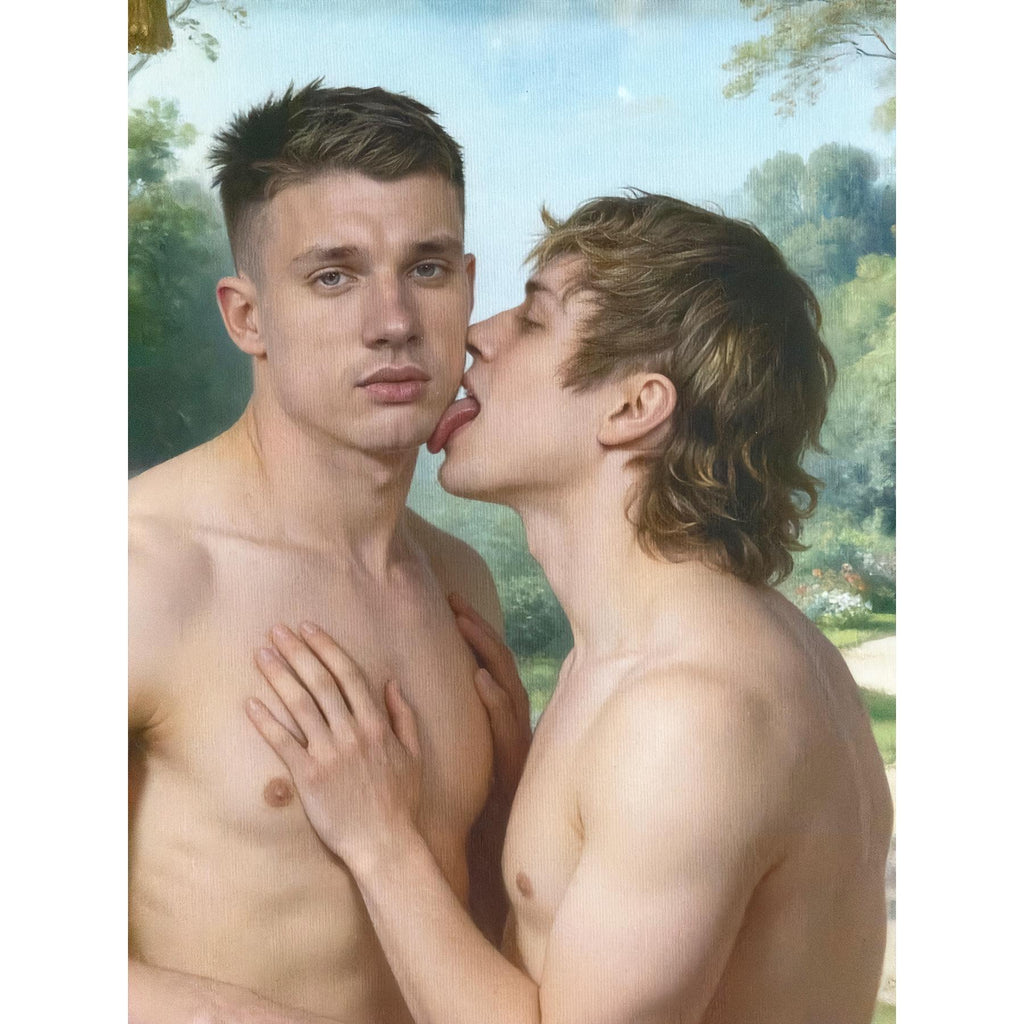 A Lover’s Embrace Framed Gay Male Nude Art, Queer Romantic Wall Decor, Classical Homoerotic Canvas Print, Gloss Black Frame, 20"x24"